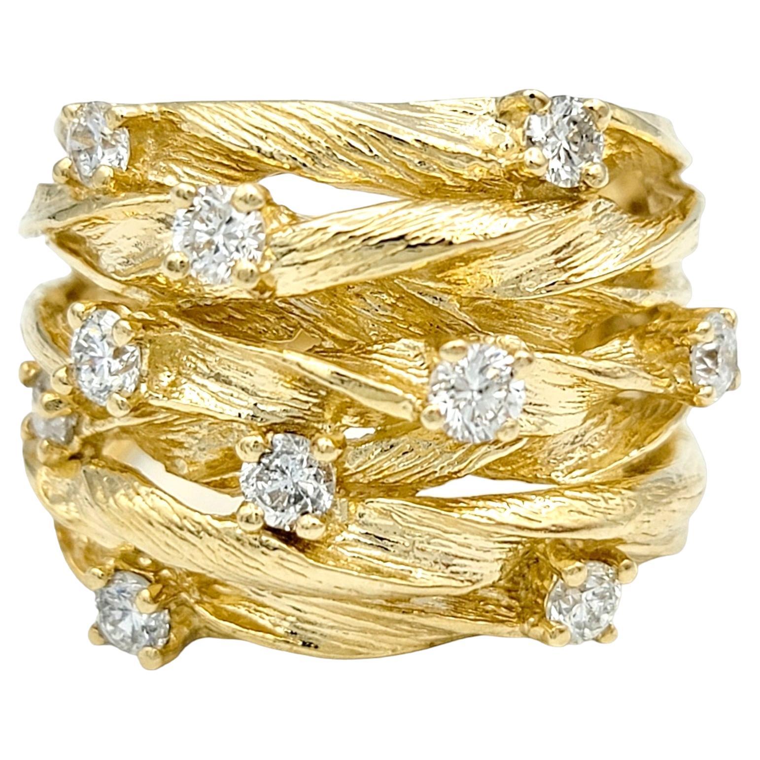 Effy D'Oro Round Diamond and Rope Design Wide Band Ring in 14 Karat Yellow Gold For Sale