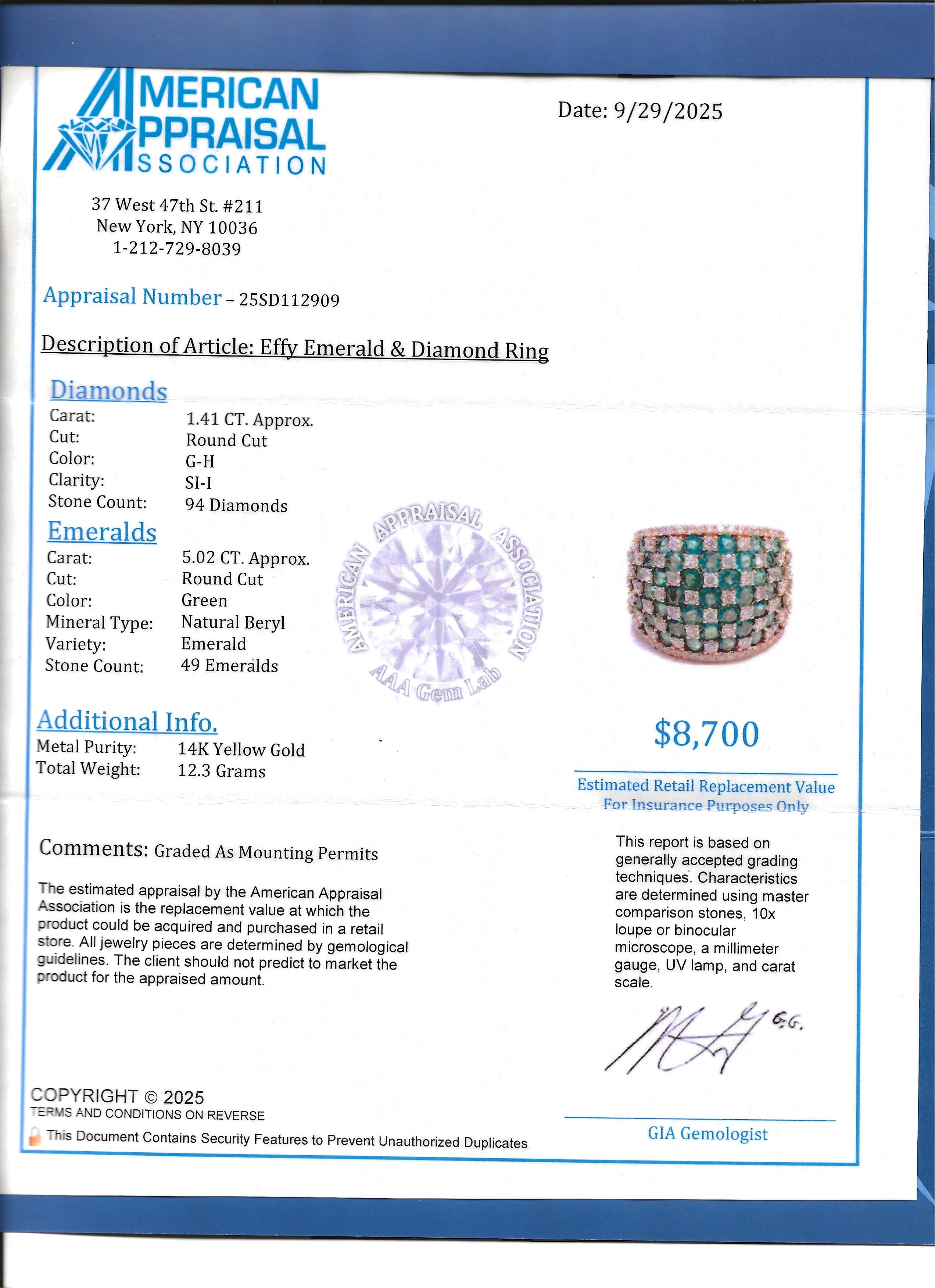 Effy Emerald and Diamond Checkerboard Motif Wide Band Ring 14 Karat Yellow Gold (bague à large bande en or jaune 14 carats) en vente 6