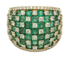 Effy Emerald and Diamond Checkerboard Motif Wide Band Ring 14 Karat Yellow Gold