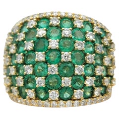 Effy Emerald and Diamond Checkerboard Motif Wide Band Ring 14 Karat Yellow Gold