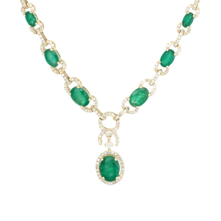 Effy Emerald Diamond Drop Necklace Estate 14 Karat Yellow Gold at 1stDibs