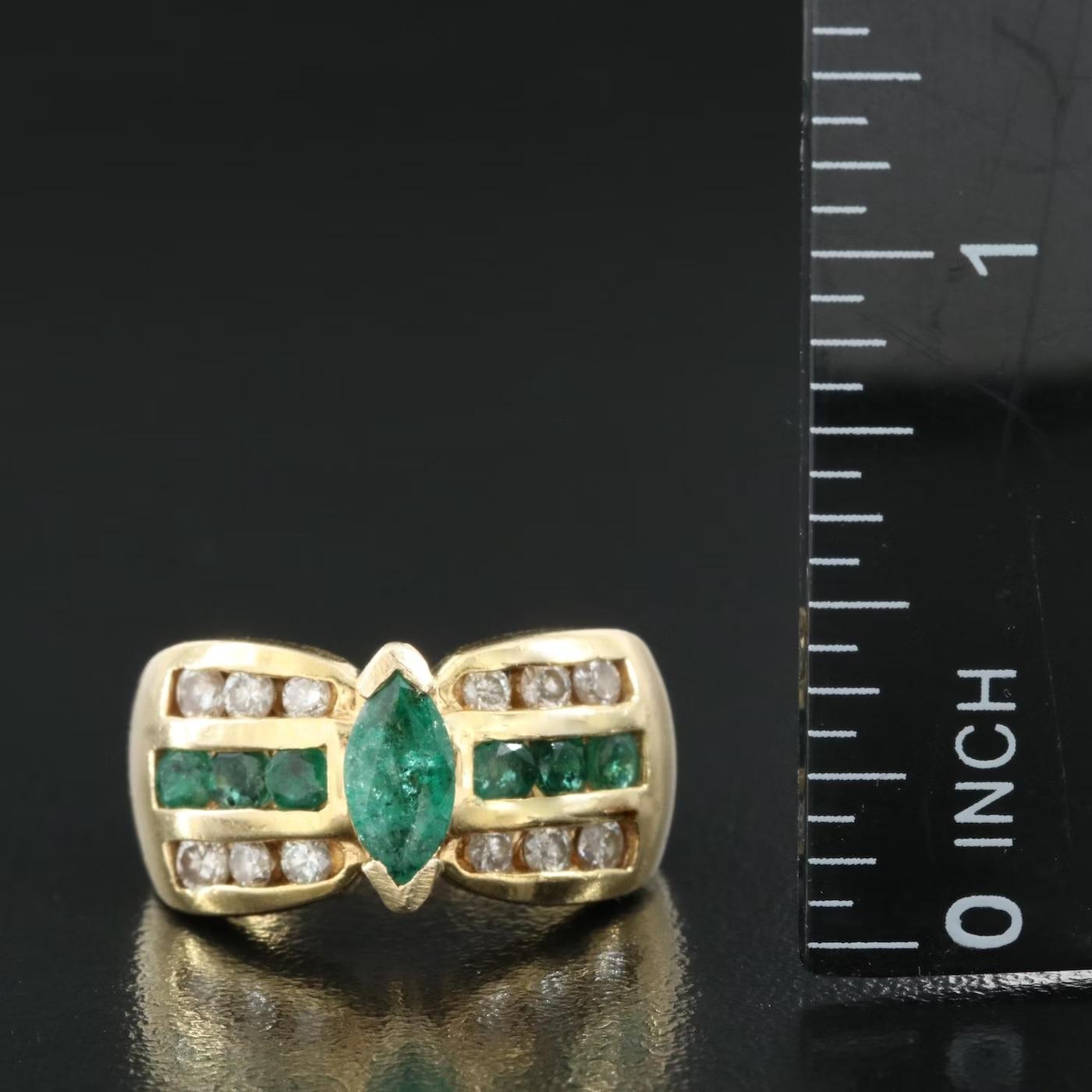 EFFY designer ring, stamped and hallmarked

Diamond & Natural Emerald

14K Yellow gold, stamped 14K

The ring is size 6.25 US size and can be re-sized by your local jeweler

Comes with EFFY gift box.

Vintage item