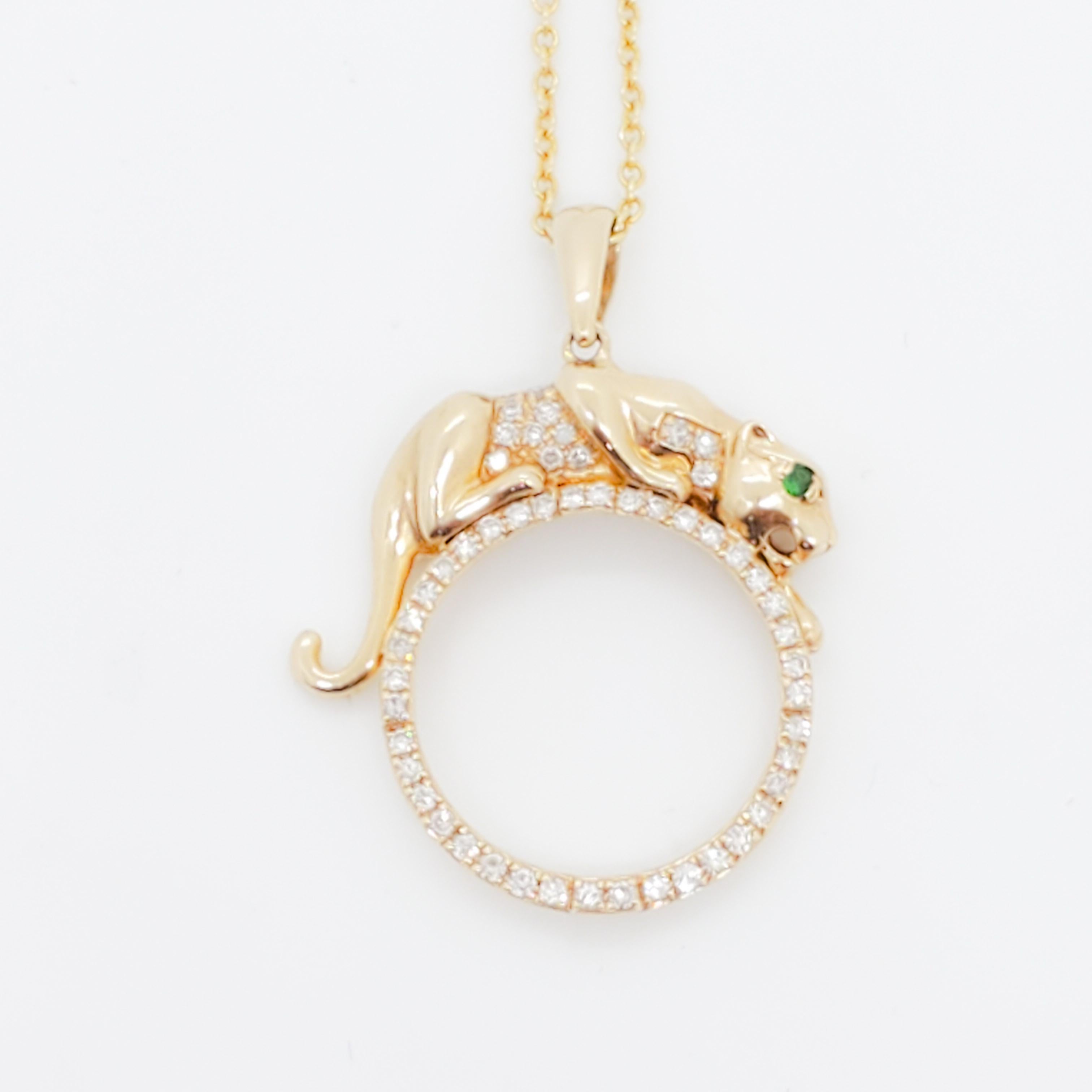 Gorgeous 0.20 ct. good quality white diamond rounds.  Handmade 14k yellow gold panther and circle pendant.  Necklace length is 16