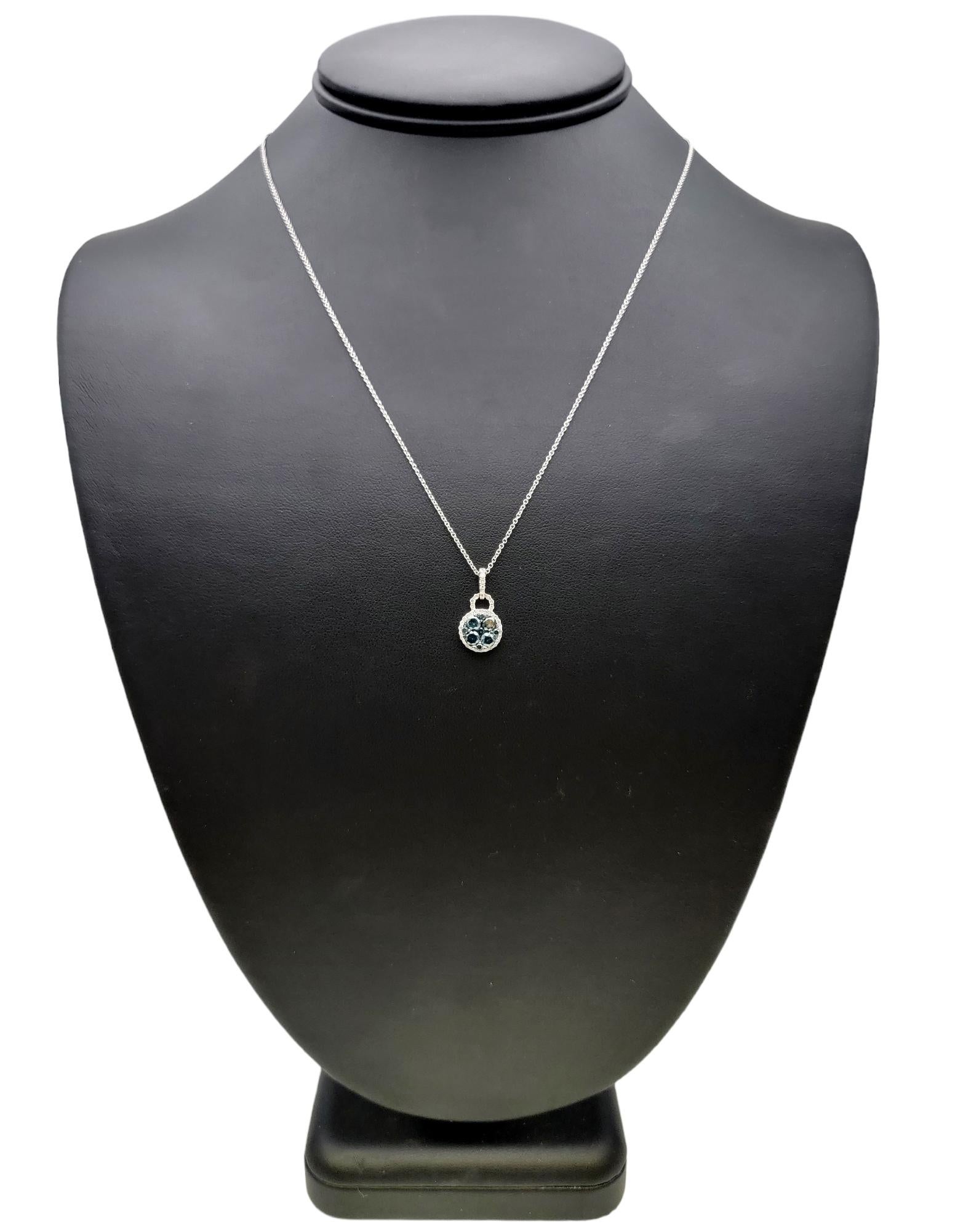Effy Fancy Blue and White Diamond Halo Cluster Pendant Necklace in White Gold For Sale 1