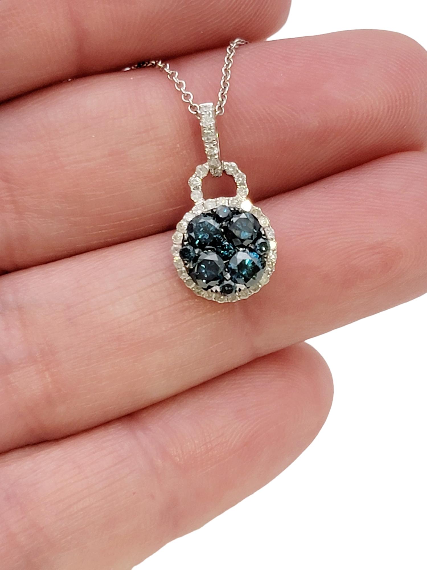 Effy Fancy Blue and White Diamond Halo Cluster Pendant Necklace in White Gold For Sale 2