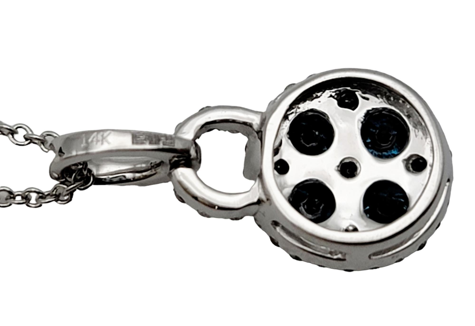 Round Cut Effy Fancy Blue and White Diamond Halo Cluster Pendant Necklace in White Gold For Sale
