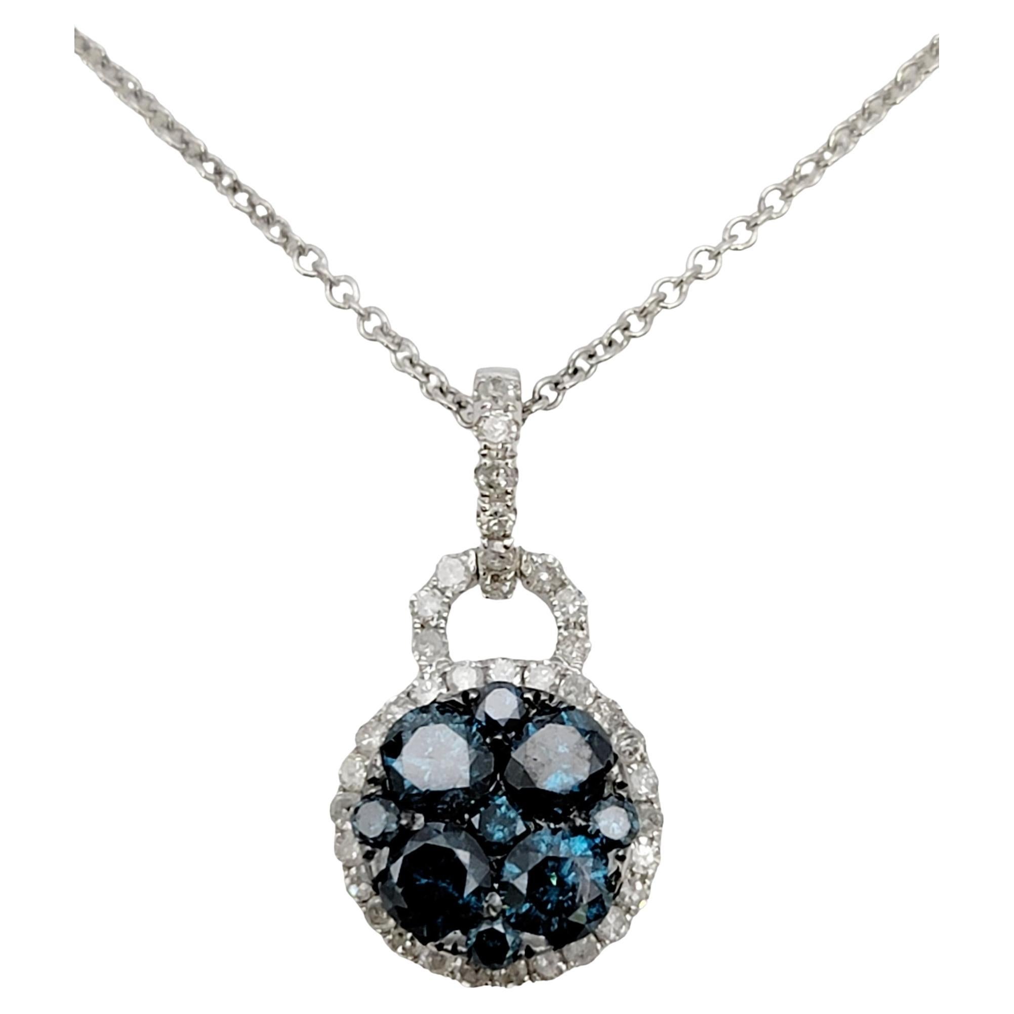 Effy Fancy Blue and White Diamond Halo Cluster Pendant Necklace in White Gold For Sale