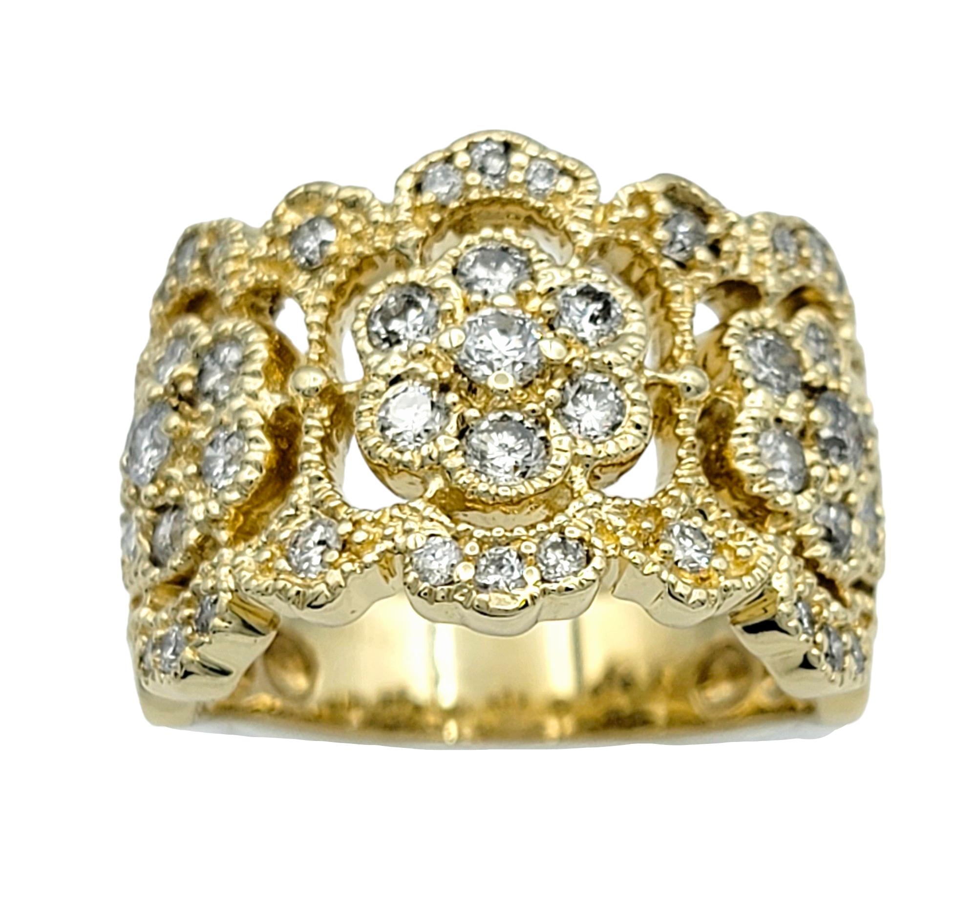 Ring Size: 7.5

The Effy band ring, resplendent in radiant 14 karat yellow gold, is a stunning testament to elegance and sophistication. Its design features a captivating flower motif cut-out pattern that exudes timeless charm and beauty. Each
