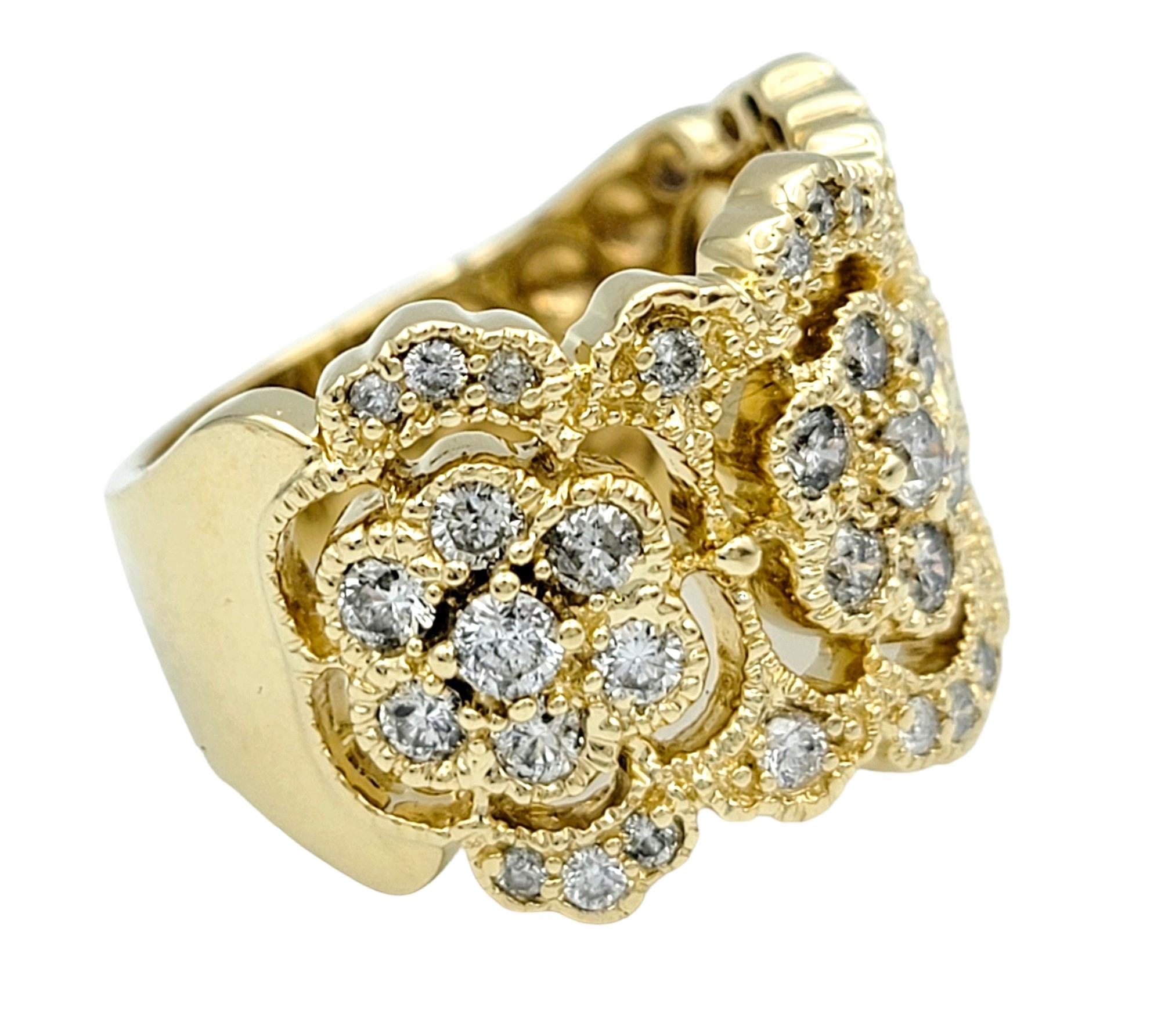 Contemporary Effy Flower Motif Diamond Band Ring with Milgrain Design in 14 Karat Yellow Gold For Sale