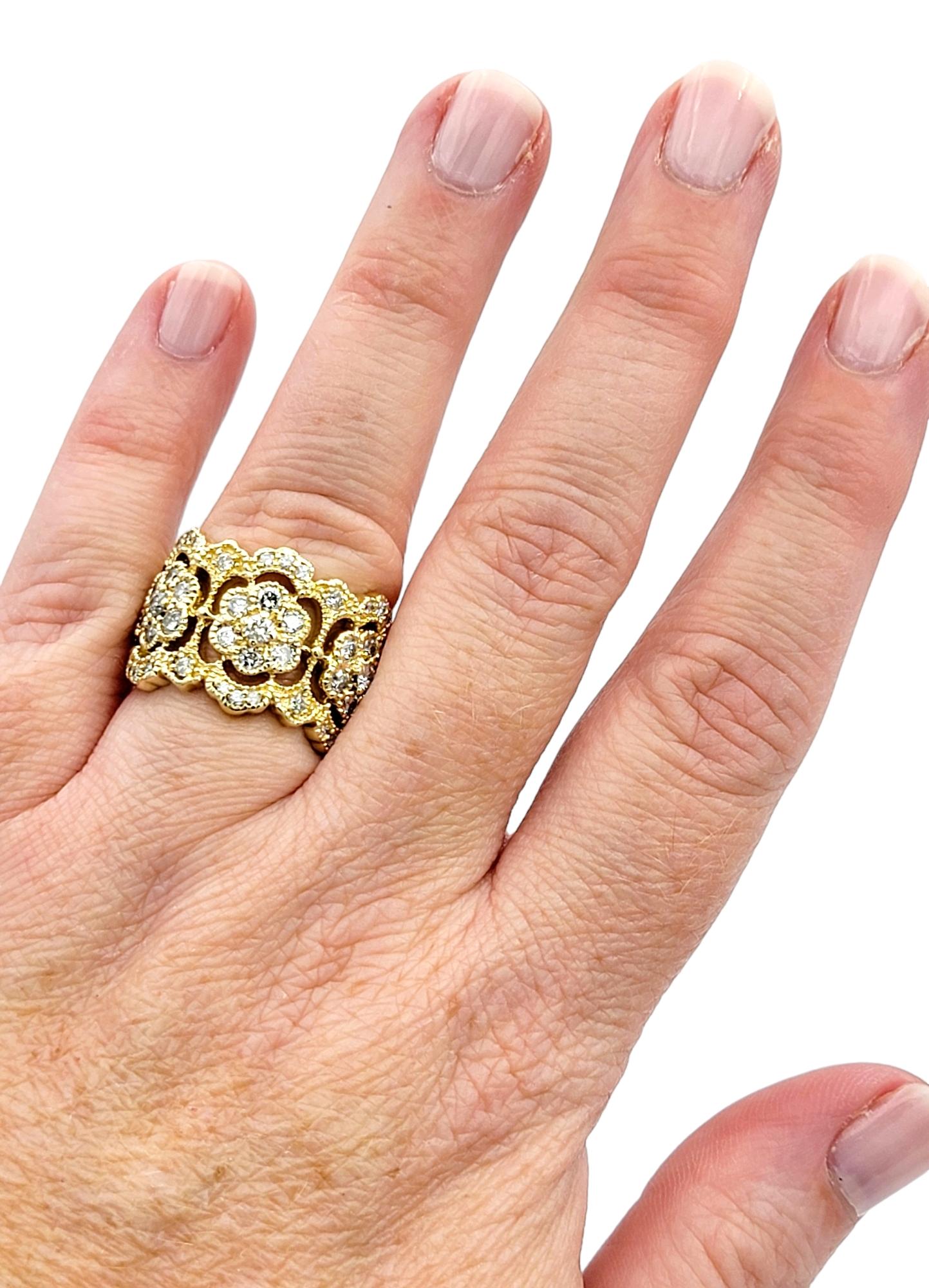 Effy Flower Motif Diamond Band Ring with Milgrain Design in 14 Karat Yellow Gold For Sale 1