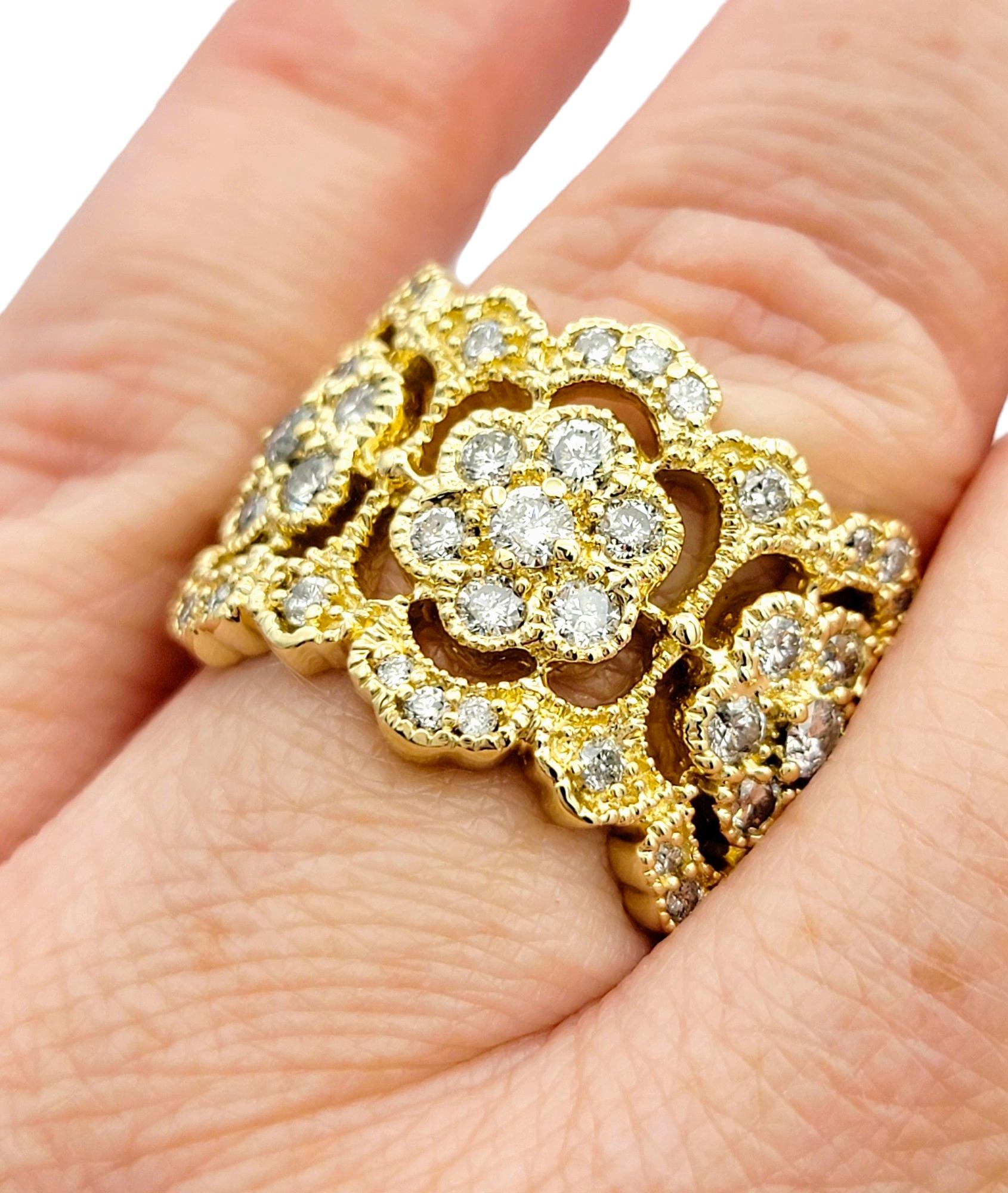 Effy Flower Motif Diamond Band Ring with Milgrain Design in 14 Karat Yellow Gold For Sale 2