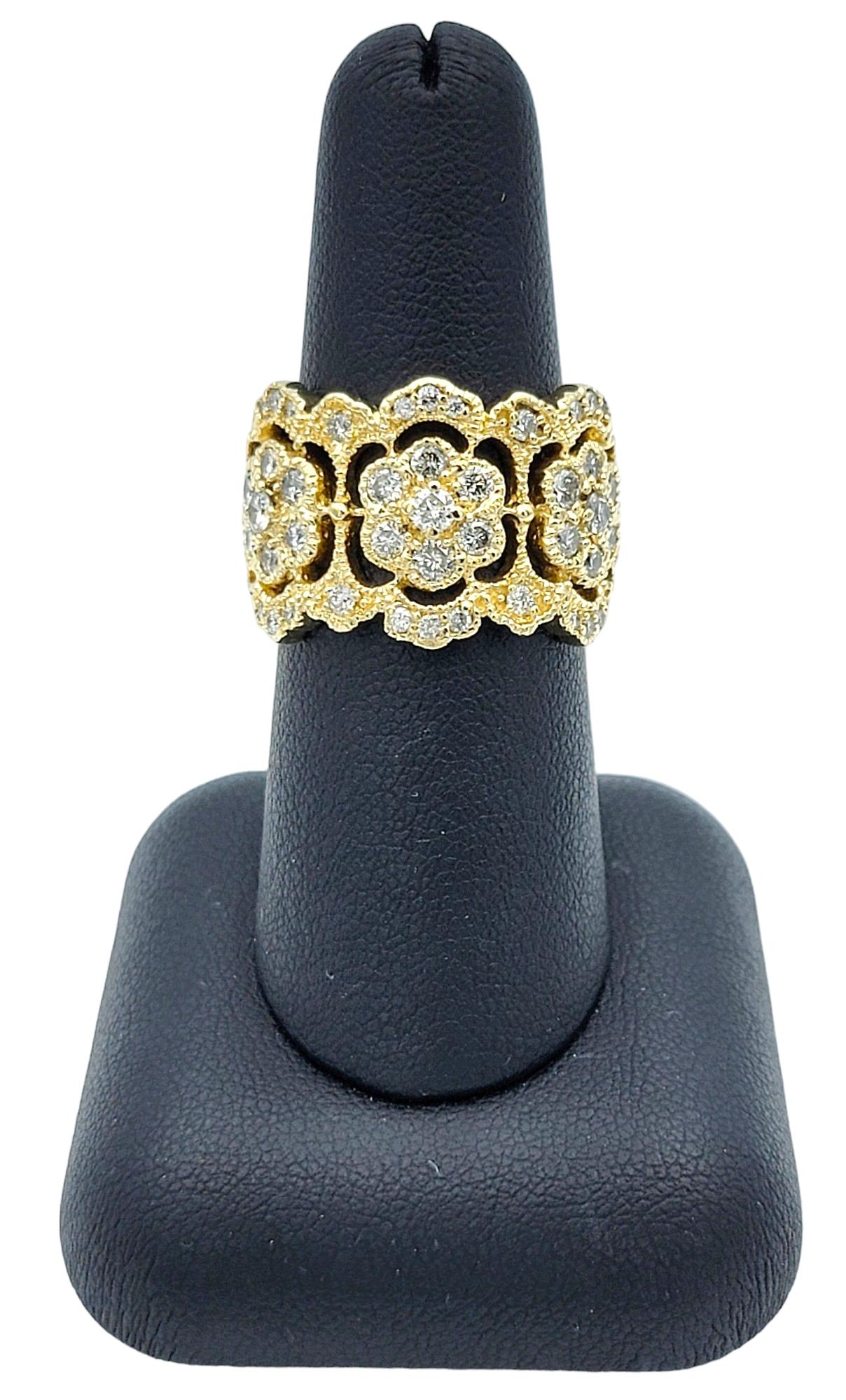 Effy Flower Motif Diamond Band Ring with Milgrain Design in 14 Karat Yellow Gold For Sale 3
