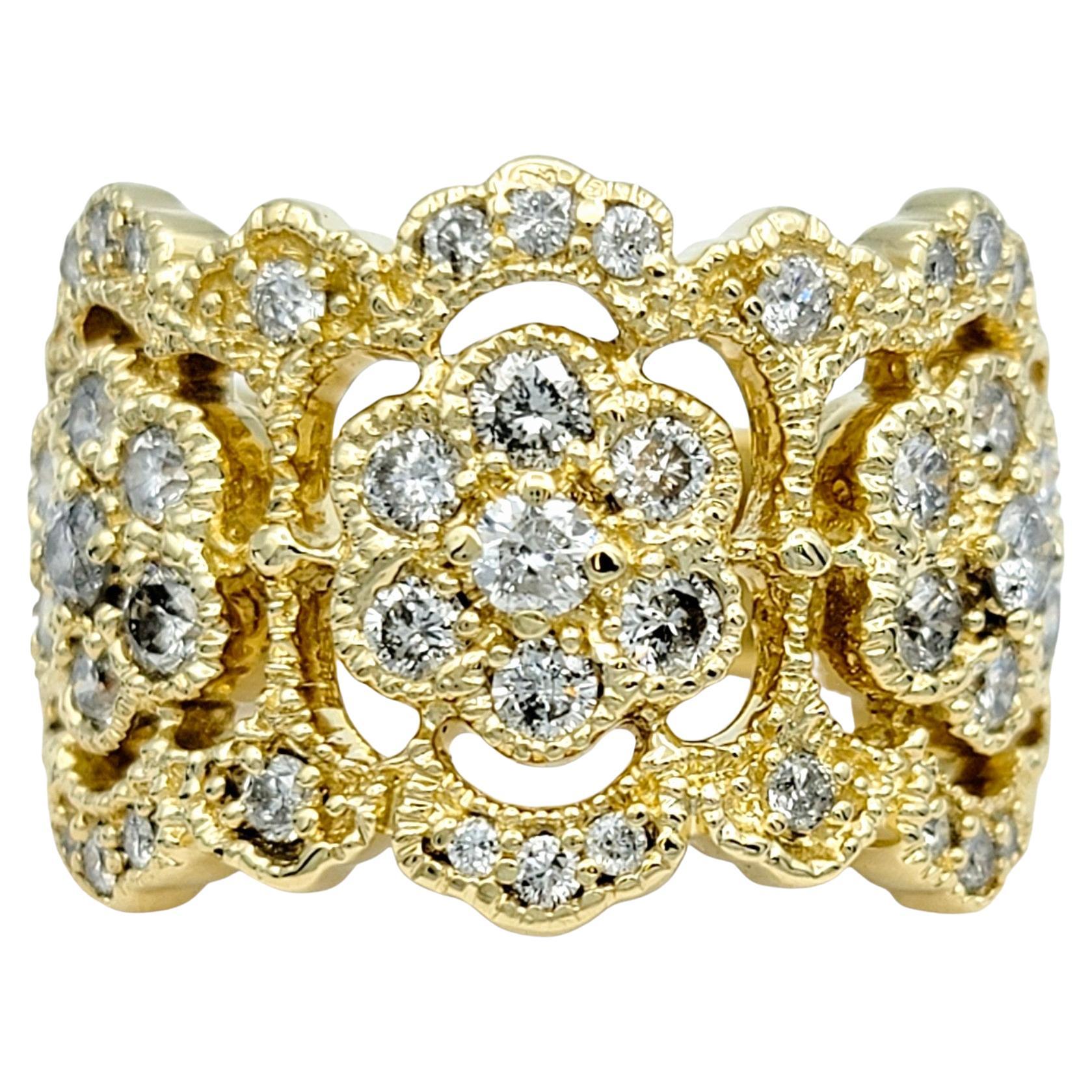 Effy Flower Motif Diamond Band Ring with Milgrain Design in 14 Karat Yellow Gold For Sale
