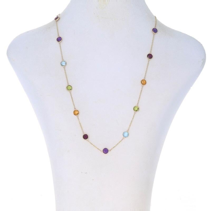 Retail Price: $4325

Brand: EFFY
Design:  Station Necklace

Metal Content: 14k Yellow Gold

Stone Information
Natural Rhodolite Garnets
Carat(s): 2.40ctw
Cut: Round Checkerboard
Color: Purplish Red

Natural Topaz
Treatment: Routinely