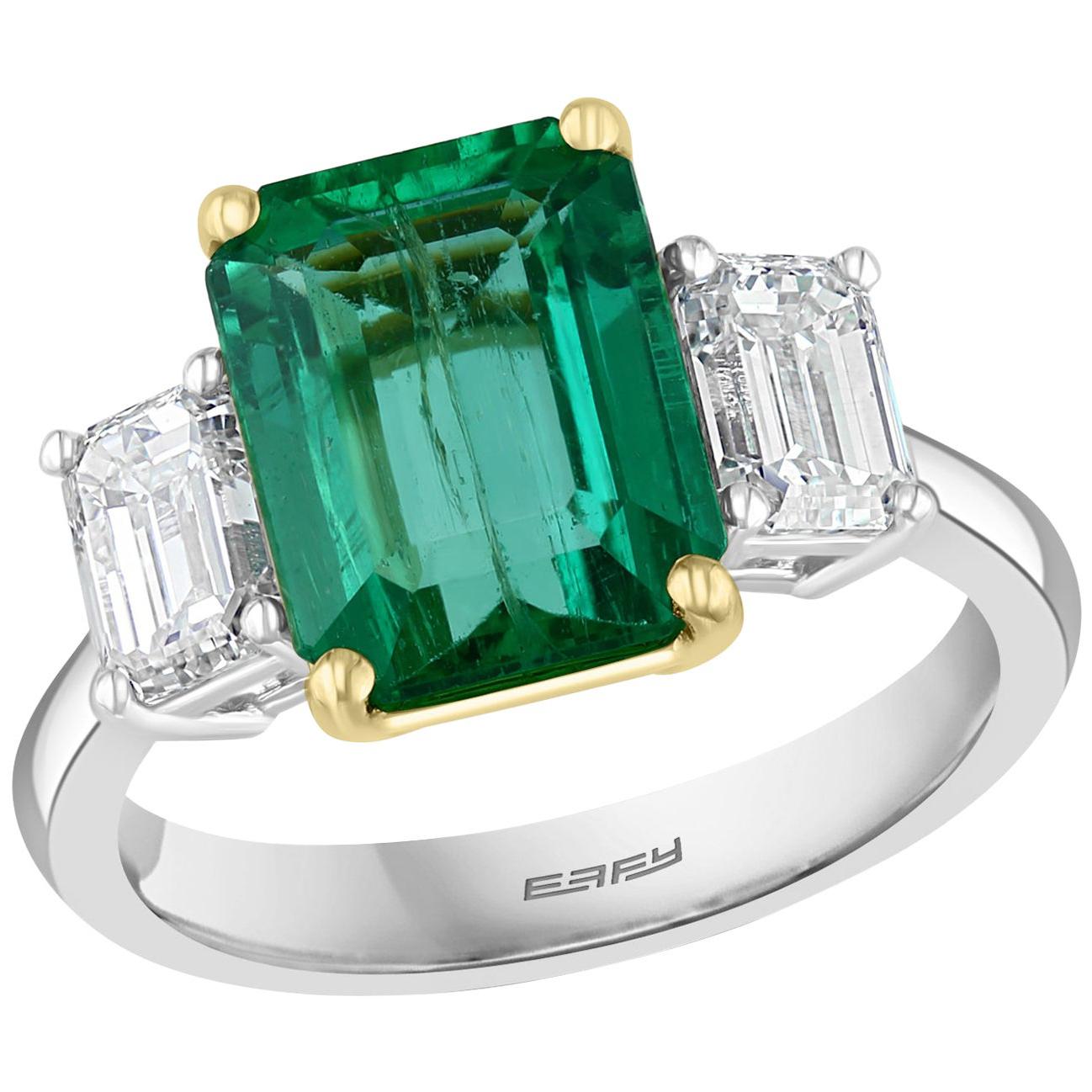 Effy Hematian 18 Karat White and Yellow Gold Diamond and Emerald 3-Stone Ring For Sale