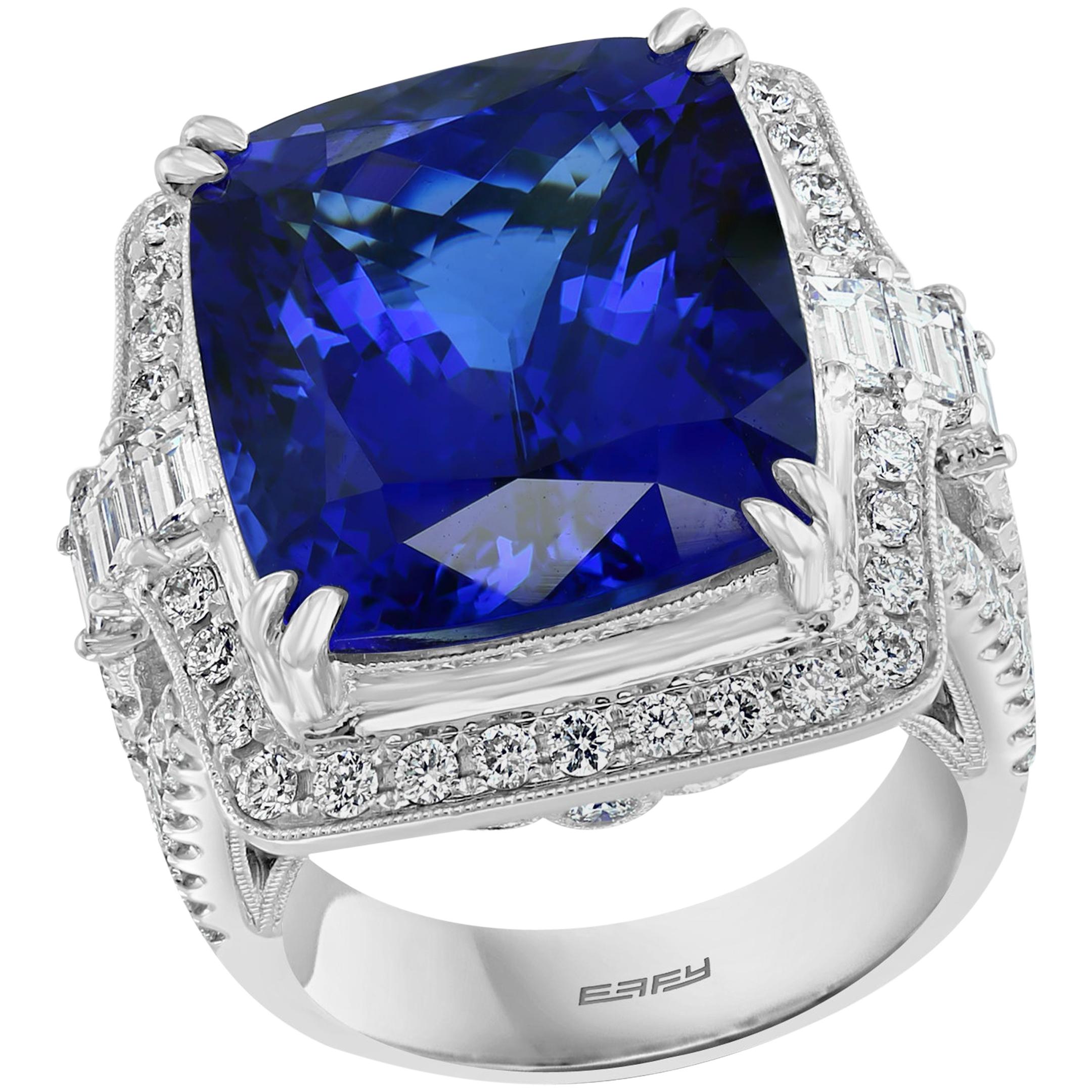 Effy Hematian 18 Karat White Gold Diamond and Tanzanite Art Deco Style Ring For Sale