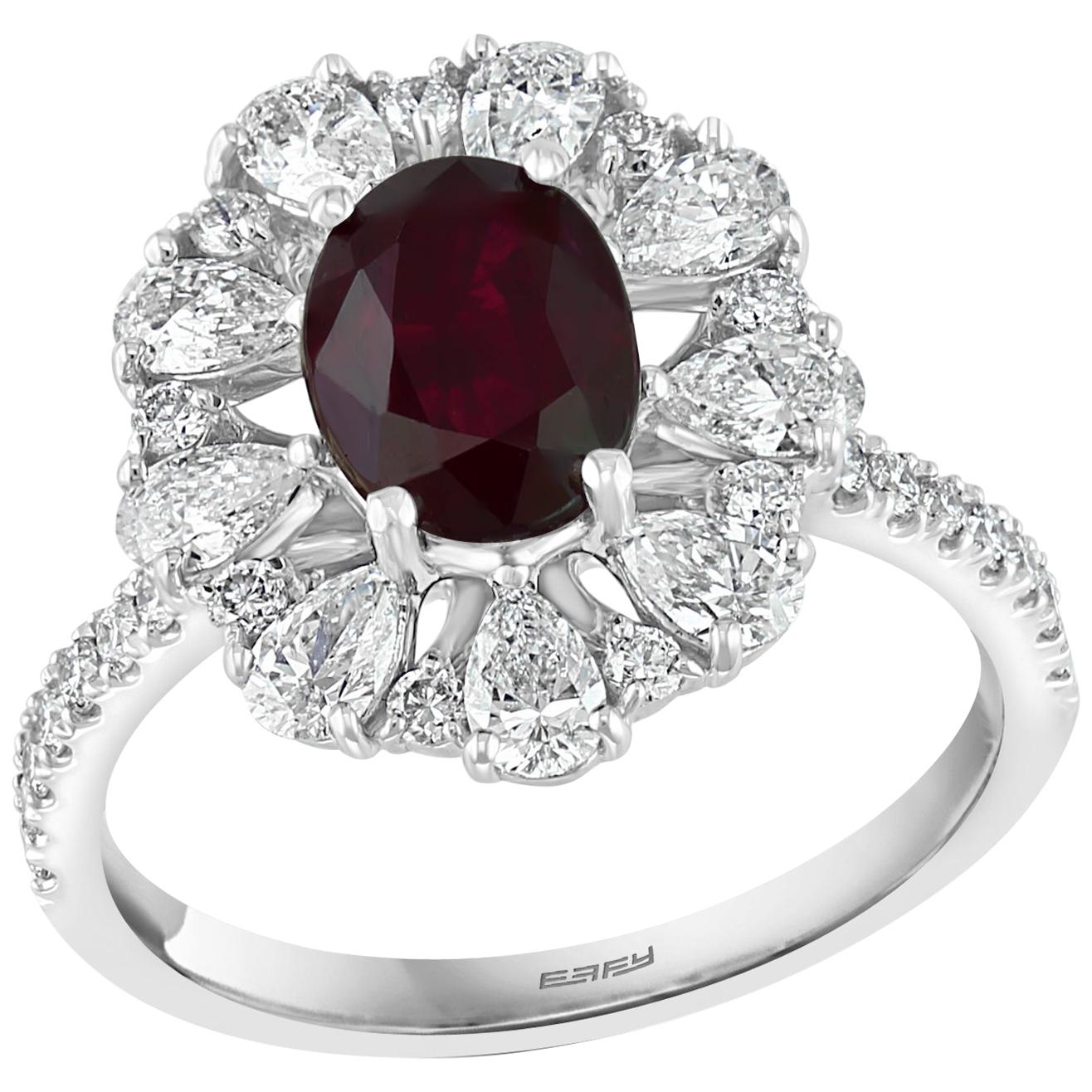 Effy Hematian 18 Karat White Gold, Diamond, Pear Shape Diamonds and Ruby Ring For Sale