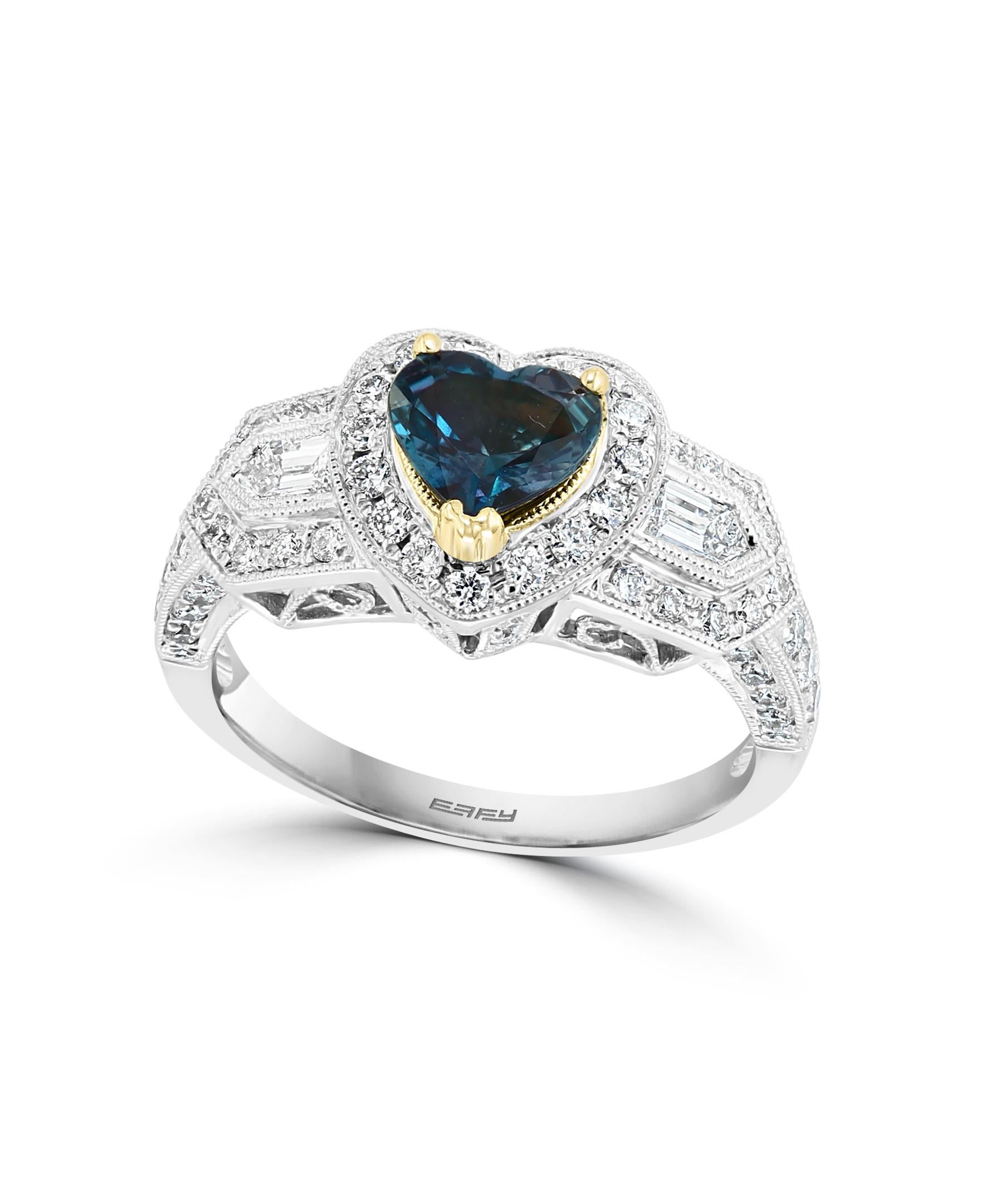 This exceptional Alexandrite stone is certified by Gubelin. It is a heart shape brilliant cut, and exhibits strong color change from bluish-green to purple.
This Effy Hematian ring is set in 18K White gold with 18K yellow gold prongs holding the