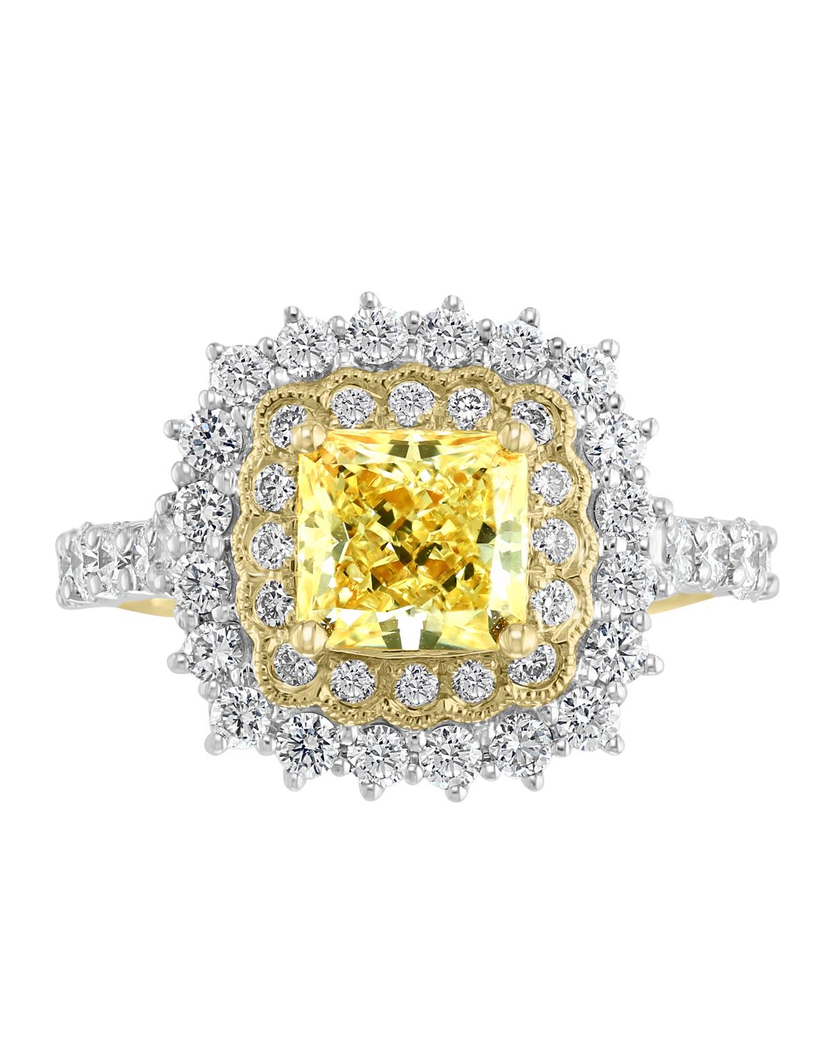 Set in a gloving 2-Tone setting with Yellow Gold inside the shank and around the large center stone.
This Effy Hematian Ring is set in 18K White & Yellow Gold with a Natural Yellow Diamond Cushion Cut center stone with a weight of 1.50