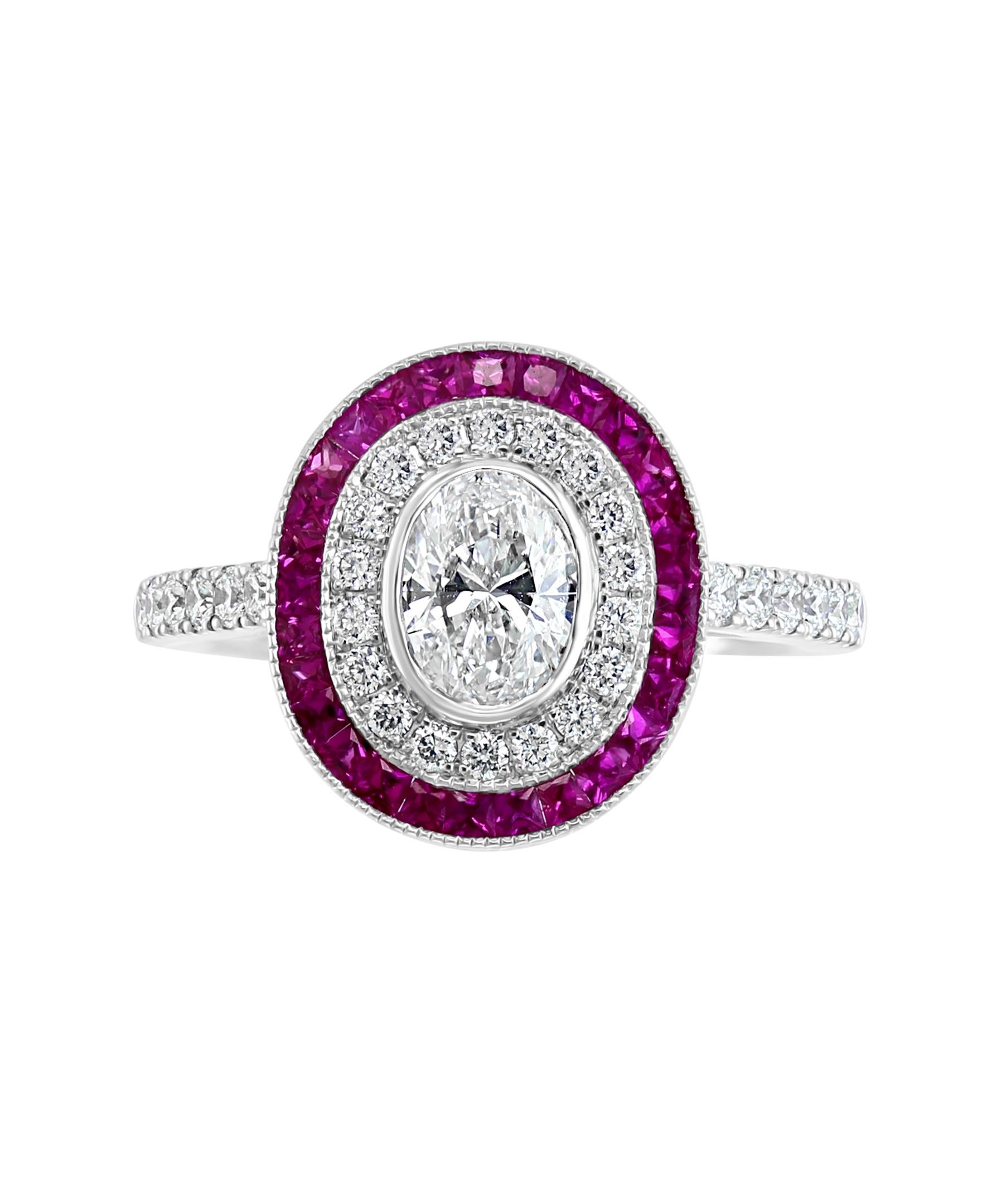 A dash of color that highlights a solitaire Diamond center stone.
This Effy Hematian design ring is set in 18K White gold. It features one center stone Oval Shaped Diamond, that has a weight of 0.74 ct.
Surrounded by a halo of diamonds, and a second