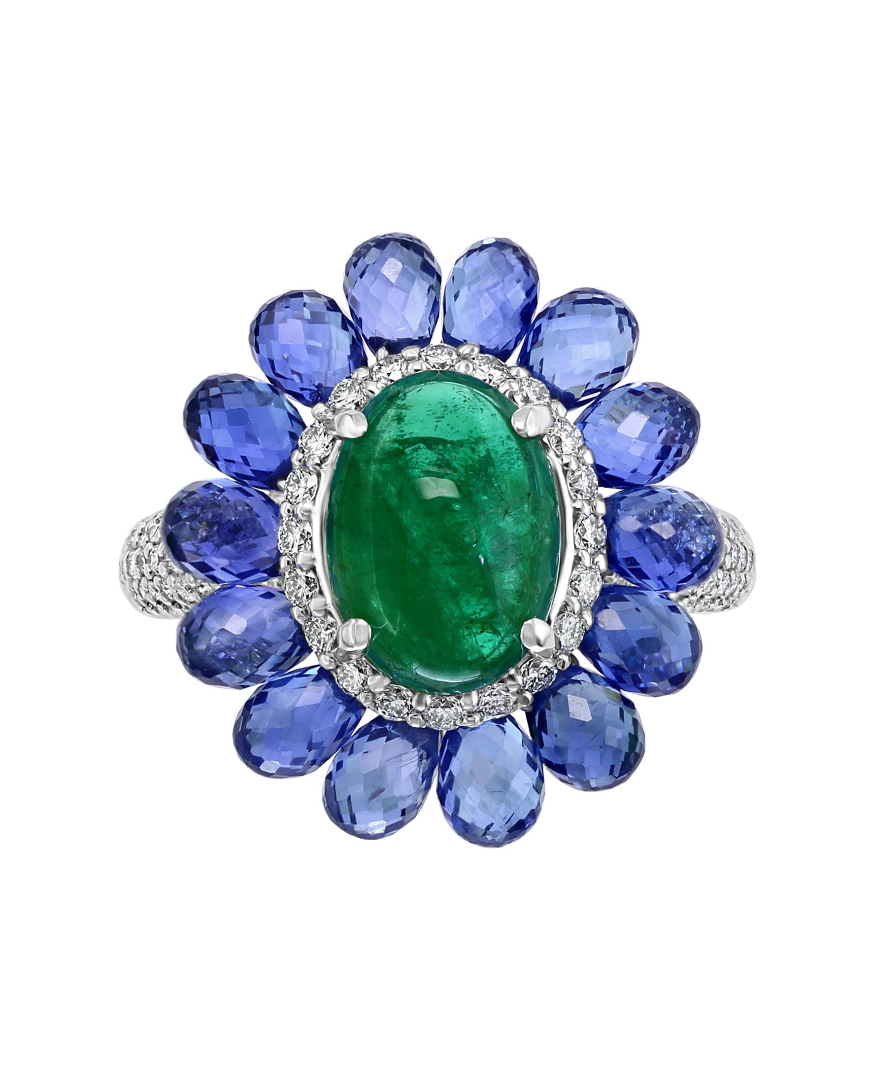This ring is a truly unique mix of precious gemstones, each with their own unique shapes and cuts.
This Effy Hematian ring is set in 18K White gold, with a fine large center stone cabochon cut emerald that weighs 2.73 ct. The center stone is