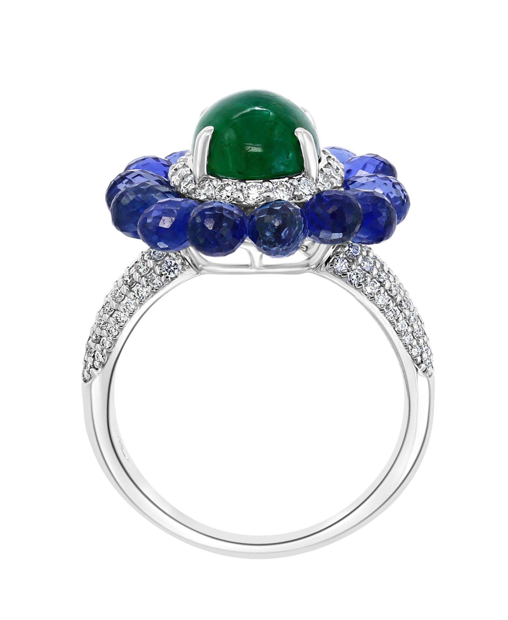 Belle Époque Effy Hematian 18 Karat White Gold Diamond, Sapphire and Emerald Victorian Ring For Sale