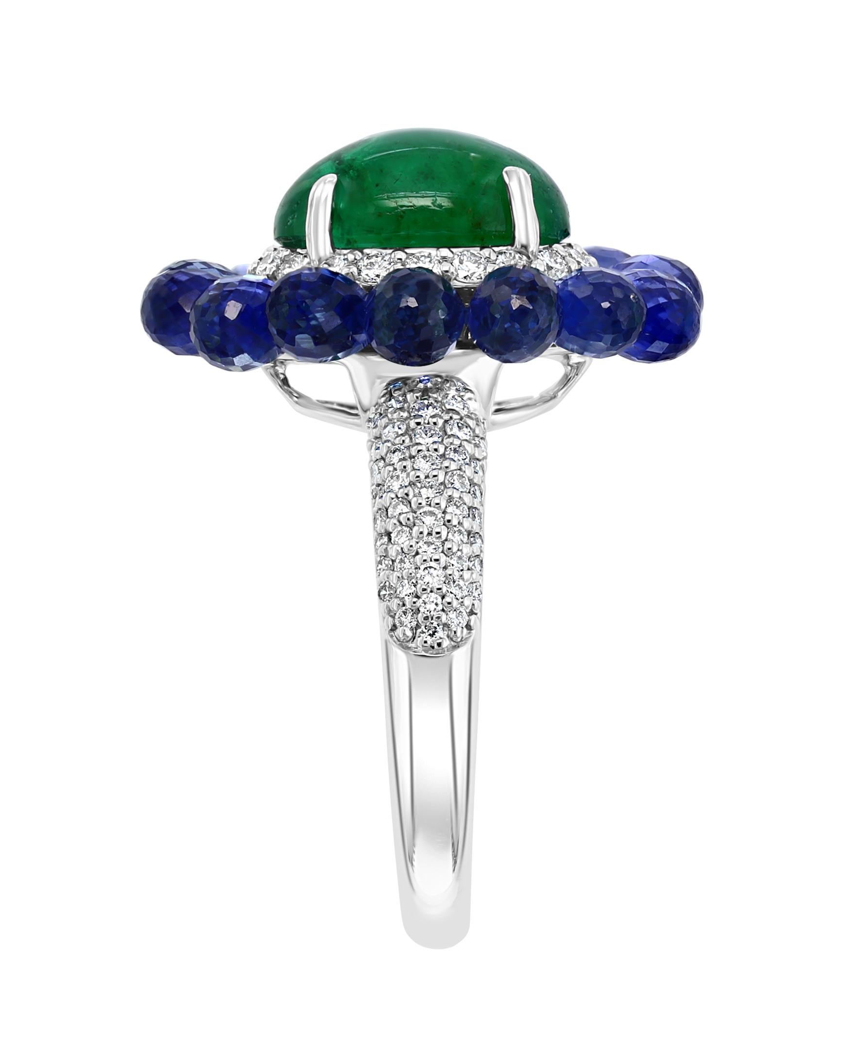 Cabochon Effy Hematian 18 Karat White Gold Diamond, Sapphire and Emerald Victorian Ring For Sale