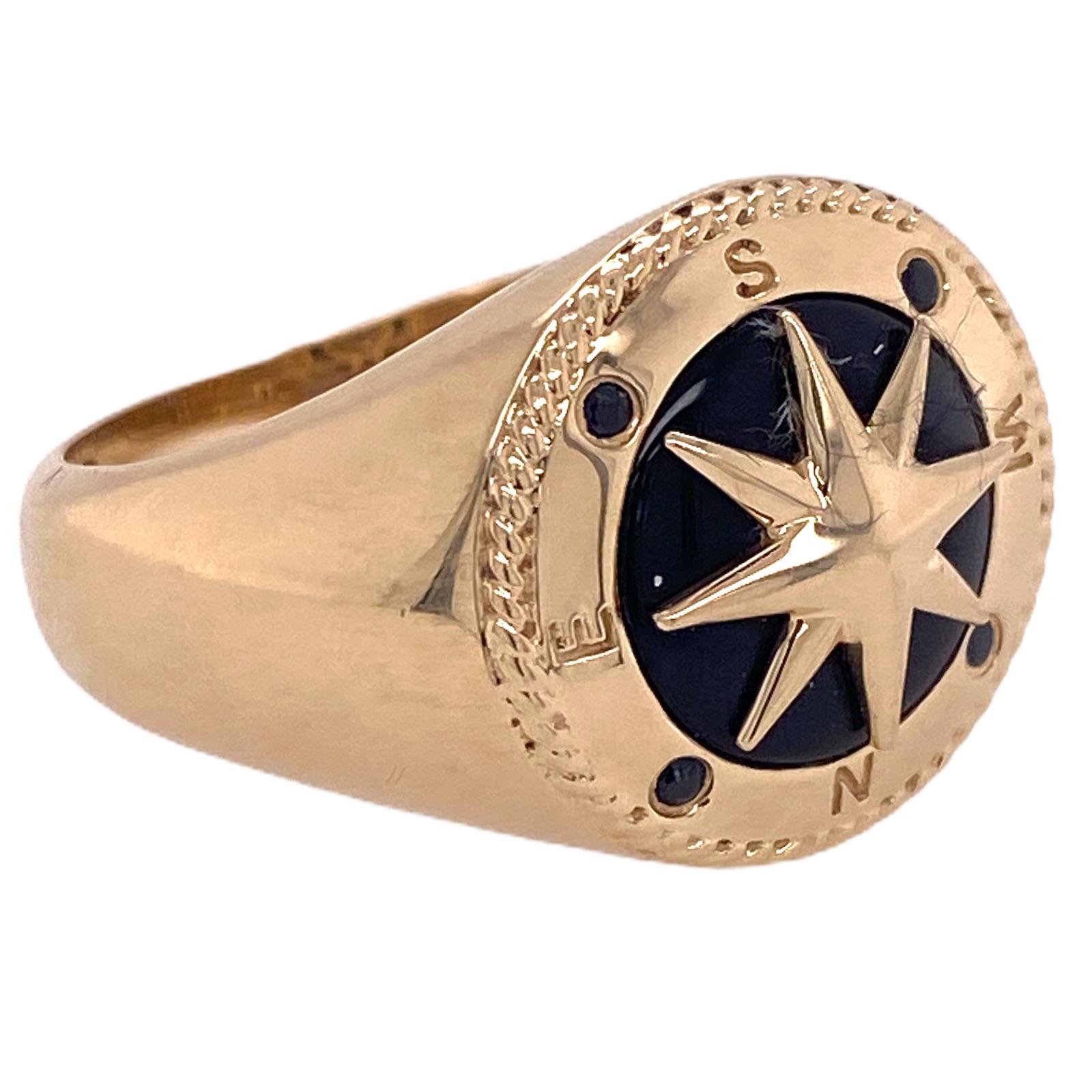Effy black onyx compass ring fashioned in 14 karat yellow gold. The round compass top measures 17mm in diameter, and the ring is currently size 10.5 (can be sized). This is a piece from their current collection.