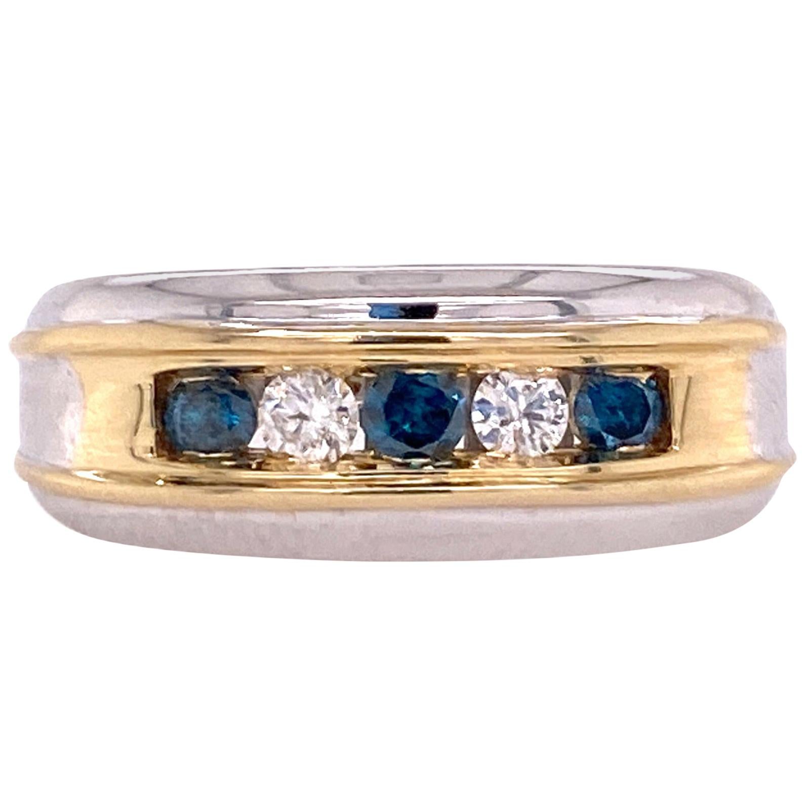Effy Men's White and Blue Diamond 14 Karat Two-Tone Gents Ring