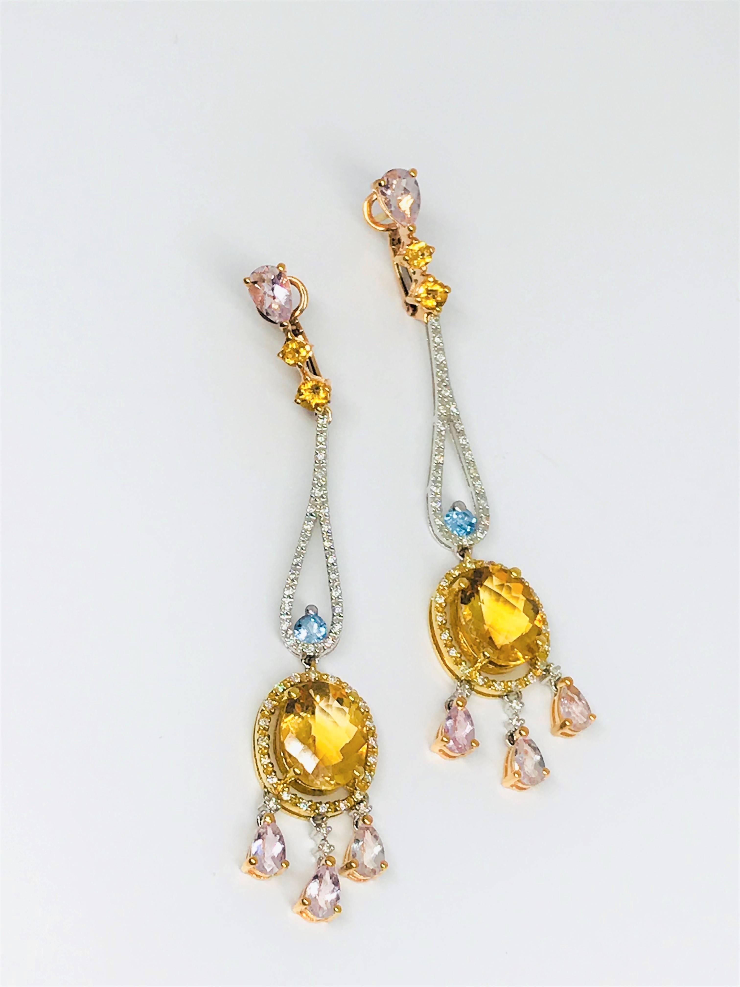 Spectacular new Effy chandelier style earrings. These beauties are 18K tri-color gold, set with natural 2 1/2cttw Morganite, 3cttw Citrine, .20cttw Topaz, and 1/2cttw Diamonds. These earrings have posts and omega clips for security. Fantastic