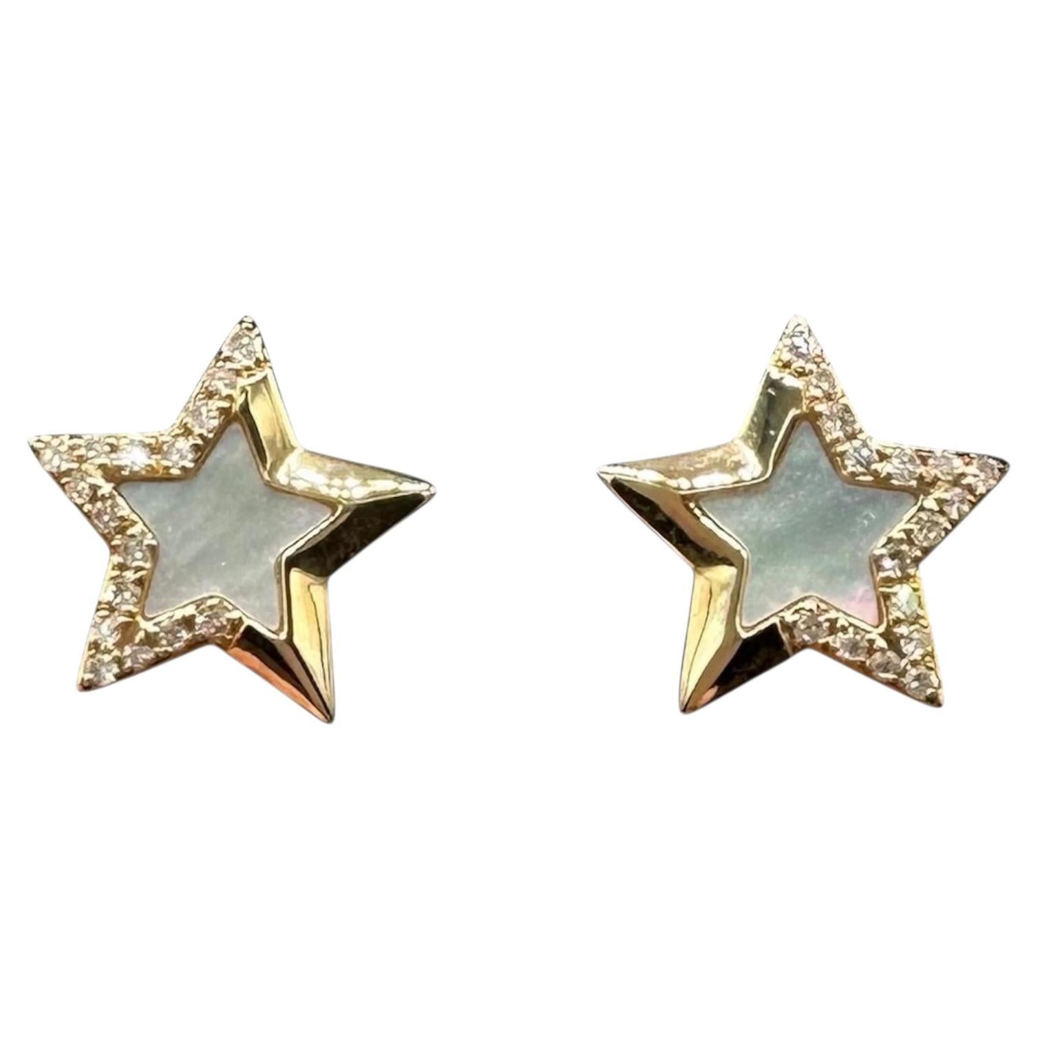 Effy Mother of Pearl Diamond Star Earrings 14K Yellow Gold 0.11ctw New