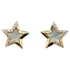 Effy Mother of Pearl Diamond Star Earrings 14K Yellow Gold 0.11ctw New