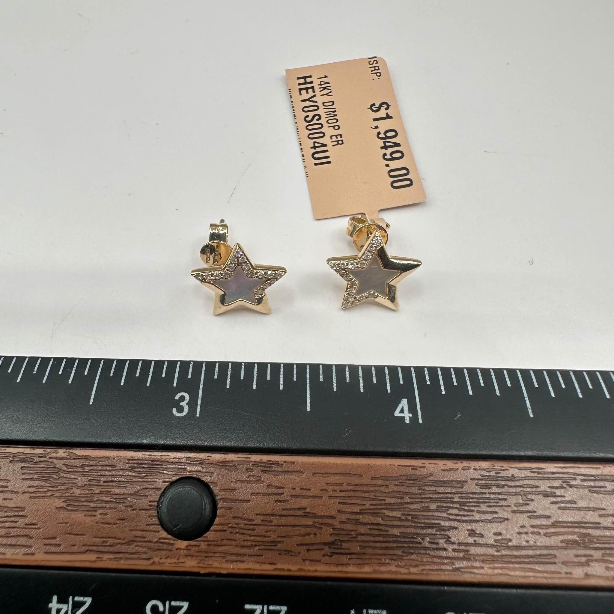 Women's Effy Mother of Pearl & Diamond Star Earrings in 14kt Yellow Gold - 0.11ctw, New For Sale