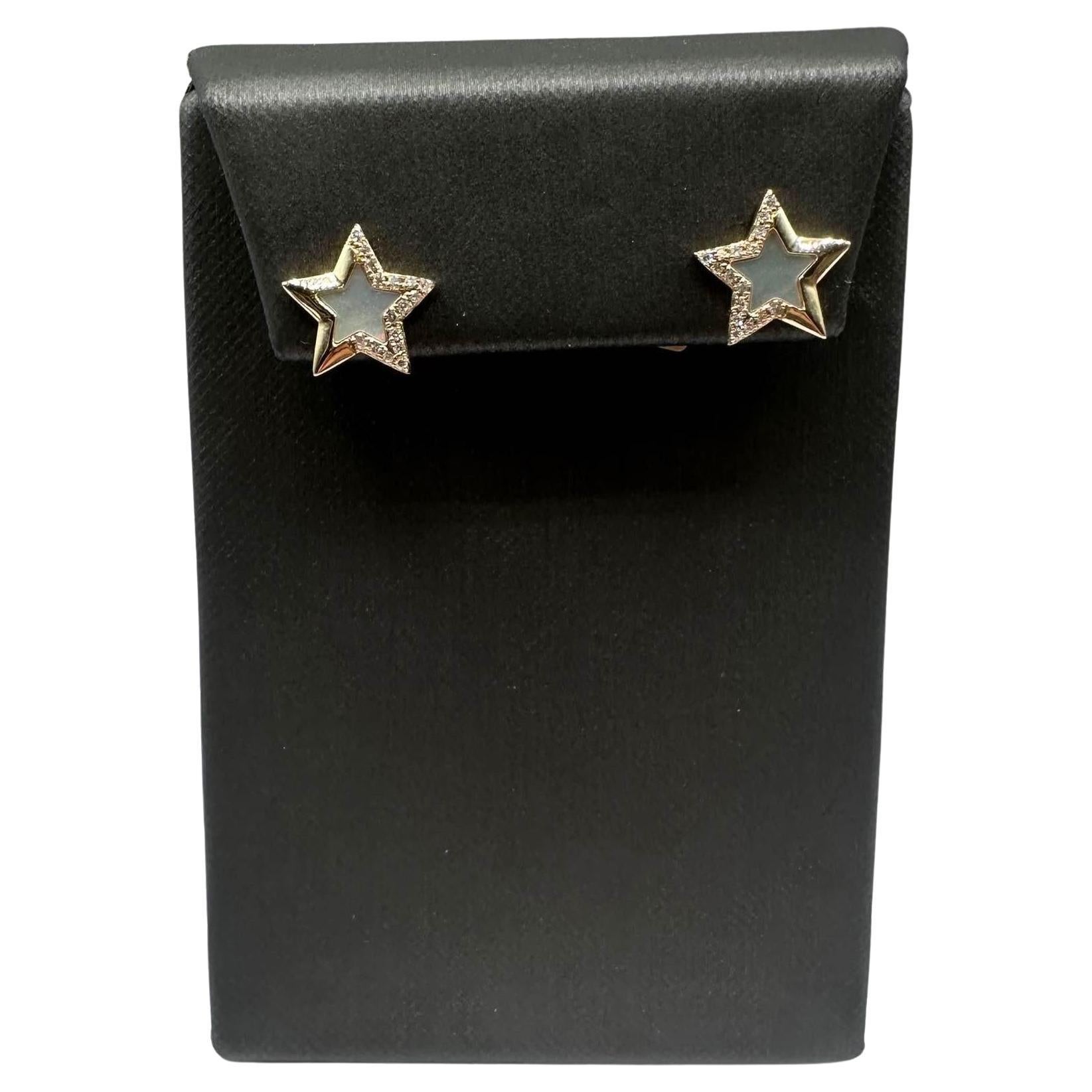 Effy Mother of Pearl & Diamond Star Earrings in 14kt Yellow Gold - 0.11ctw, New