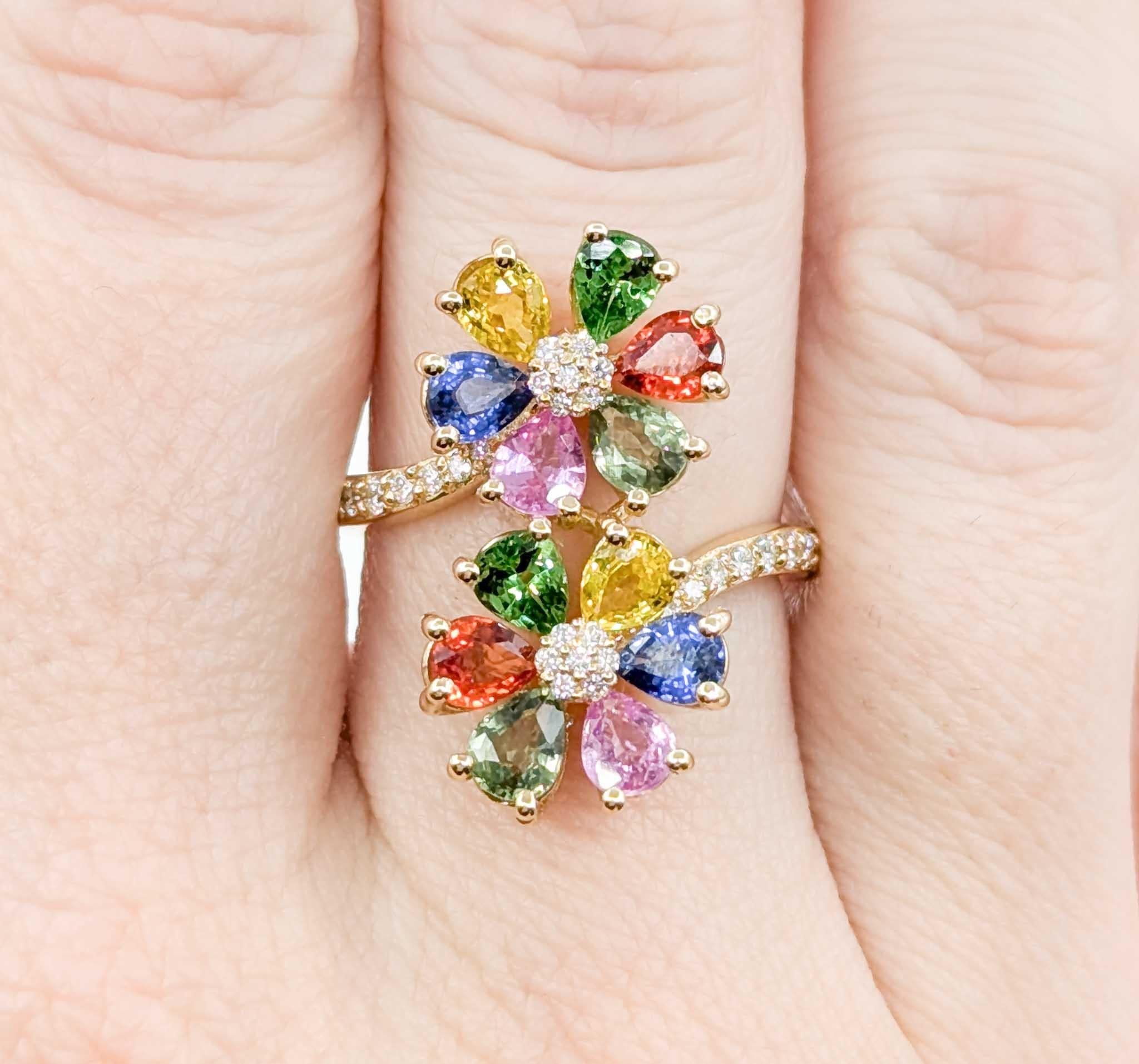 EFFY Multi-Colored Sapphire Floral Moi et Toi Ring in Yellow Gold In New Condition In Bloomington, MN