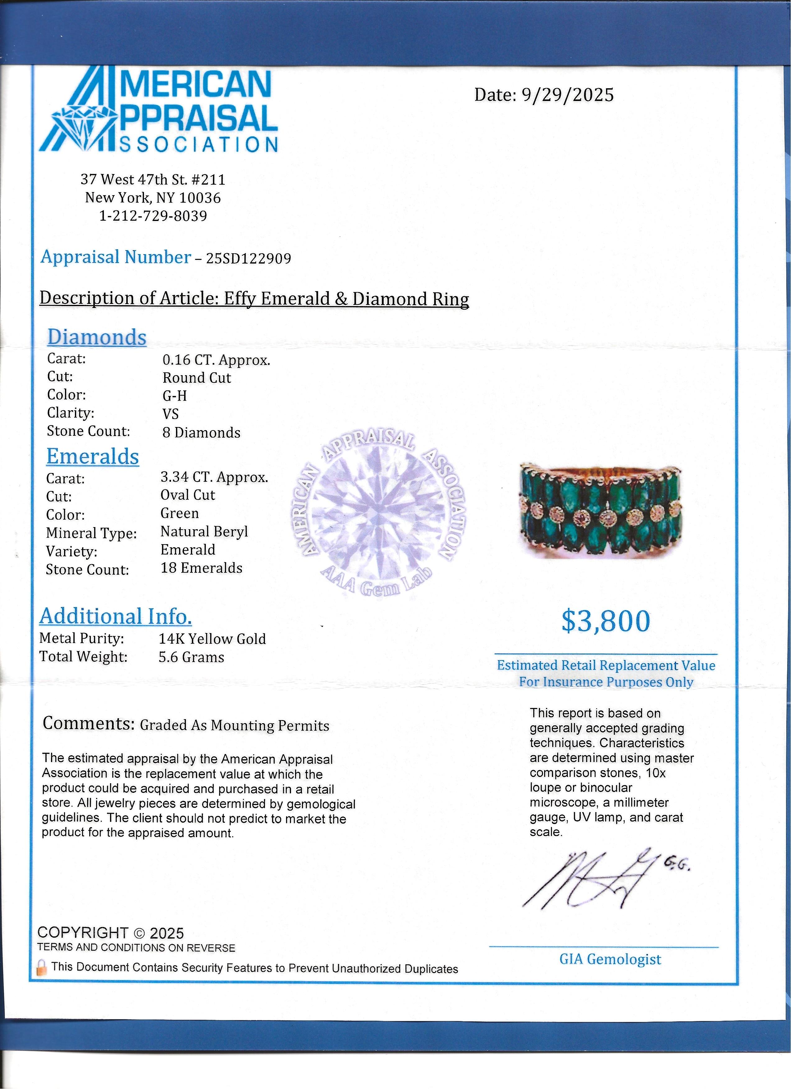 Effy - Bague en or jaune 14 carats avec émeraude ovale à plusieurs rangs et diamant rond en vente 7