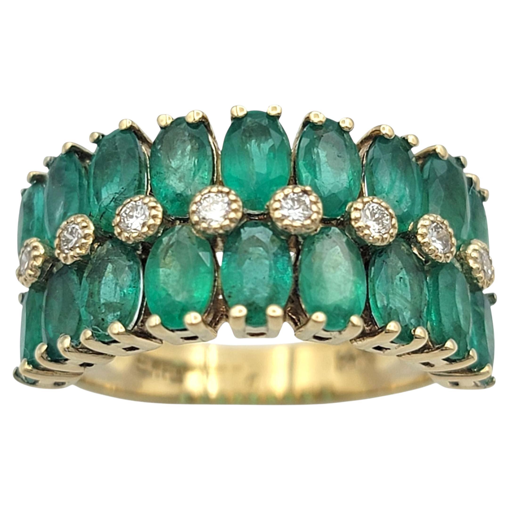 Effy - Bague en or jaune 14 carats avec émeraude ovale à plusieurs rangs et diamant rond en vente