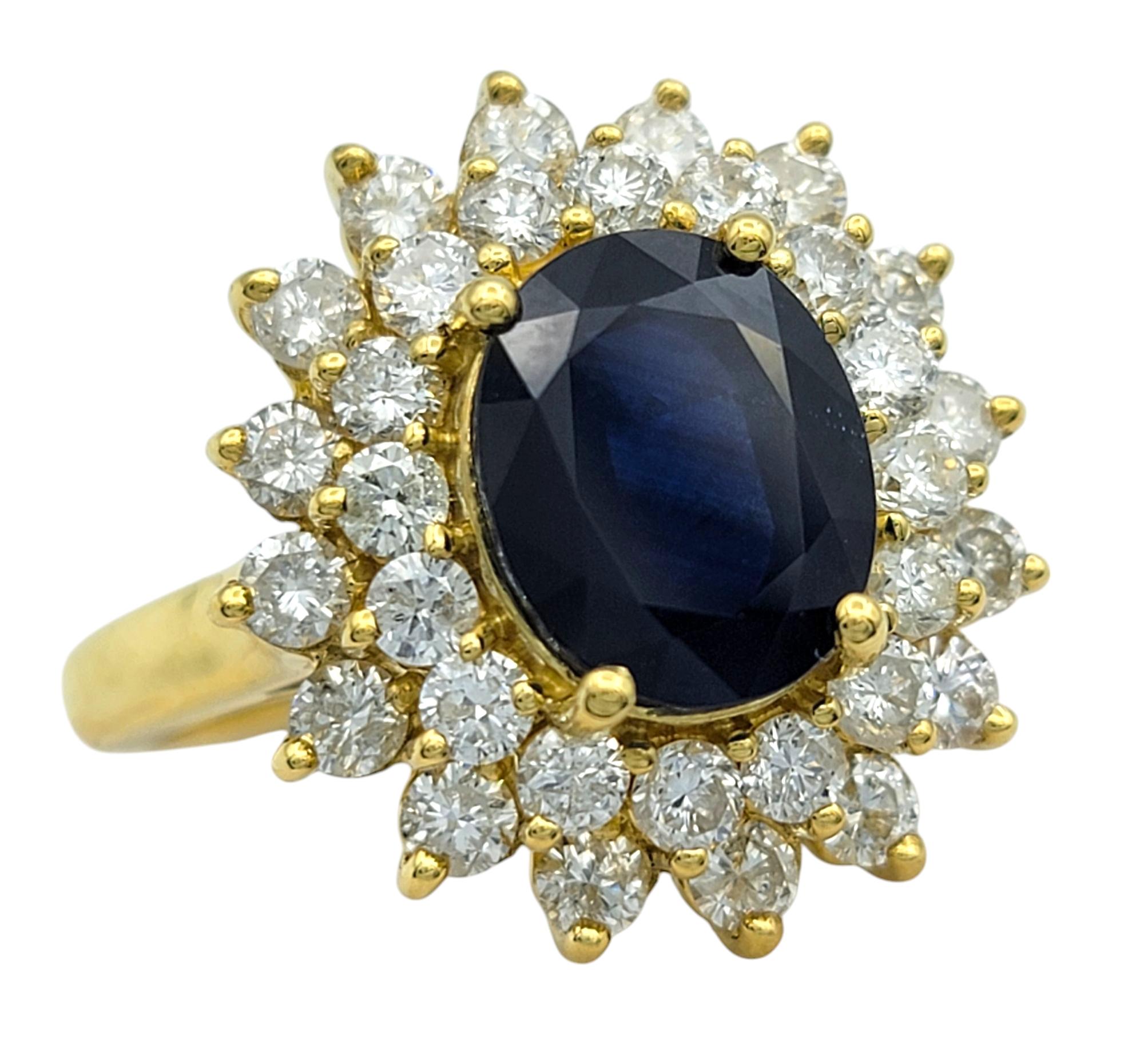 Ring Size: 9.25

This exquisite sapphire and diamond ring by Effy showcases timeless elegance with its regal design. At the center, a deep blue oval-cut sapphire is encircled by a dazzling double halo of round-cut diamonds, enhancing its rich hue