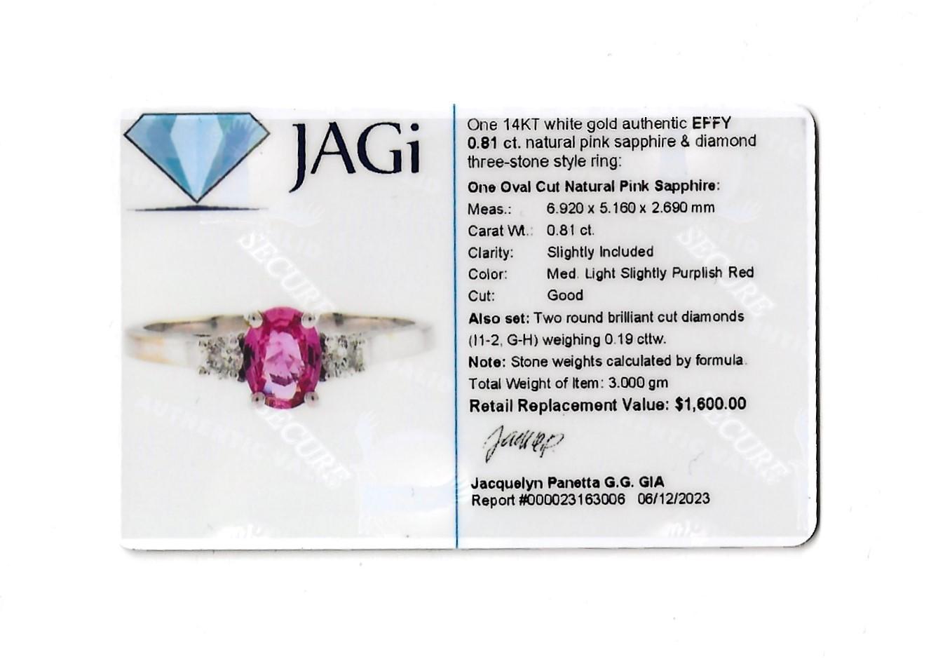 EFFY Bague à trois pierres en or blanc 14 carats avec saphir rose ovale et diamants en vente 9