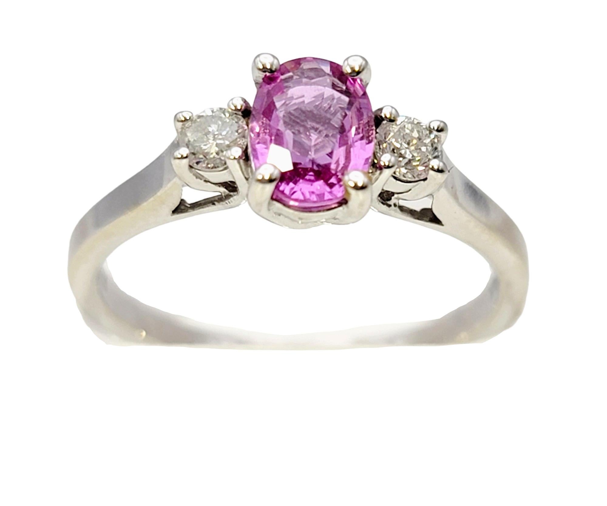 Contemporary EFFY Oval Pink Sapphire and Diamond Three Stone Ring in 14 Karat White Gold For Sale