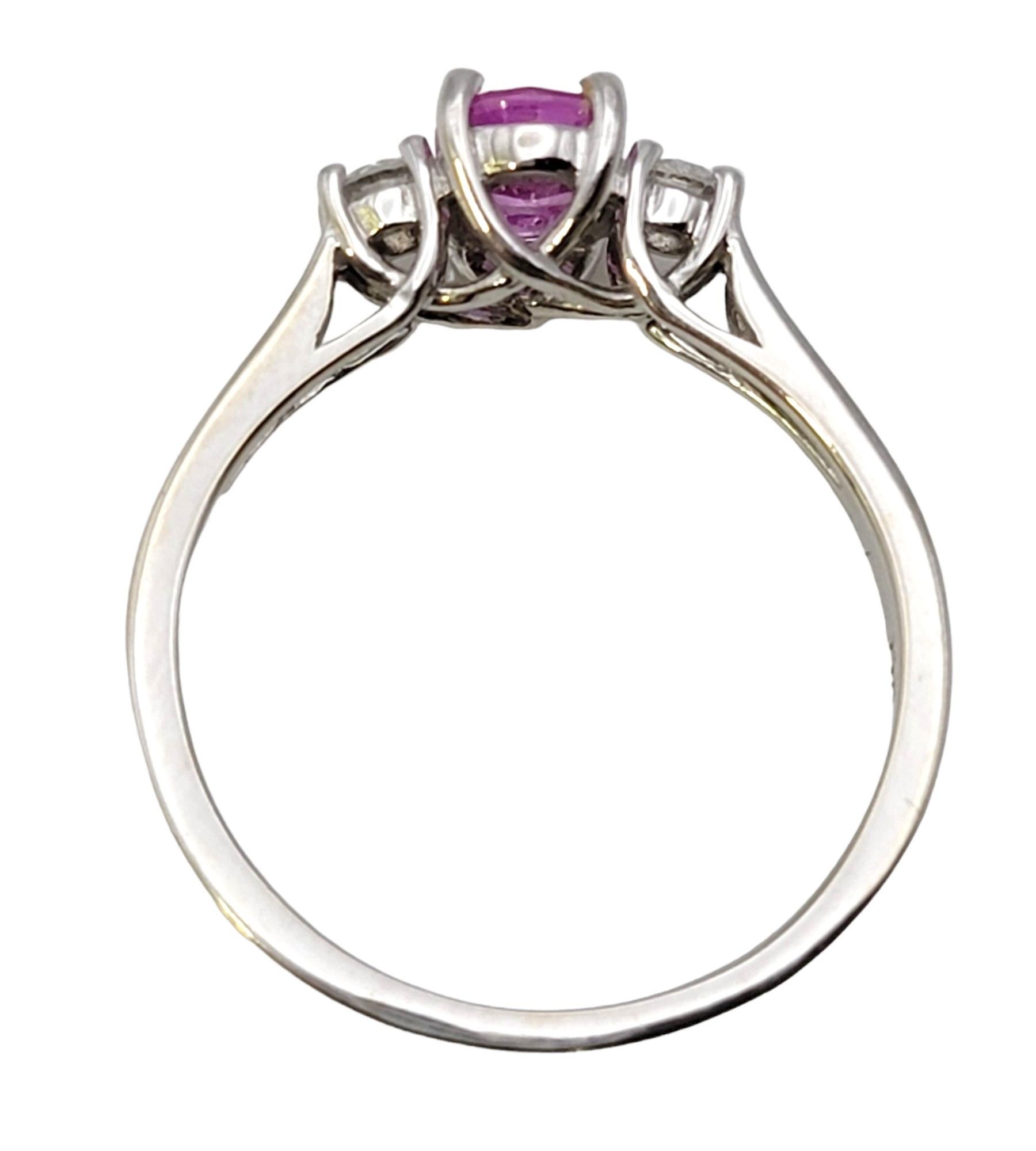 Contemporary EFFY Oval Pink Sapphire and Diamond Three Stone Ring in 14 Karat White Gold For Sale