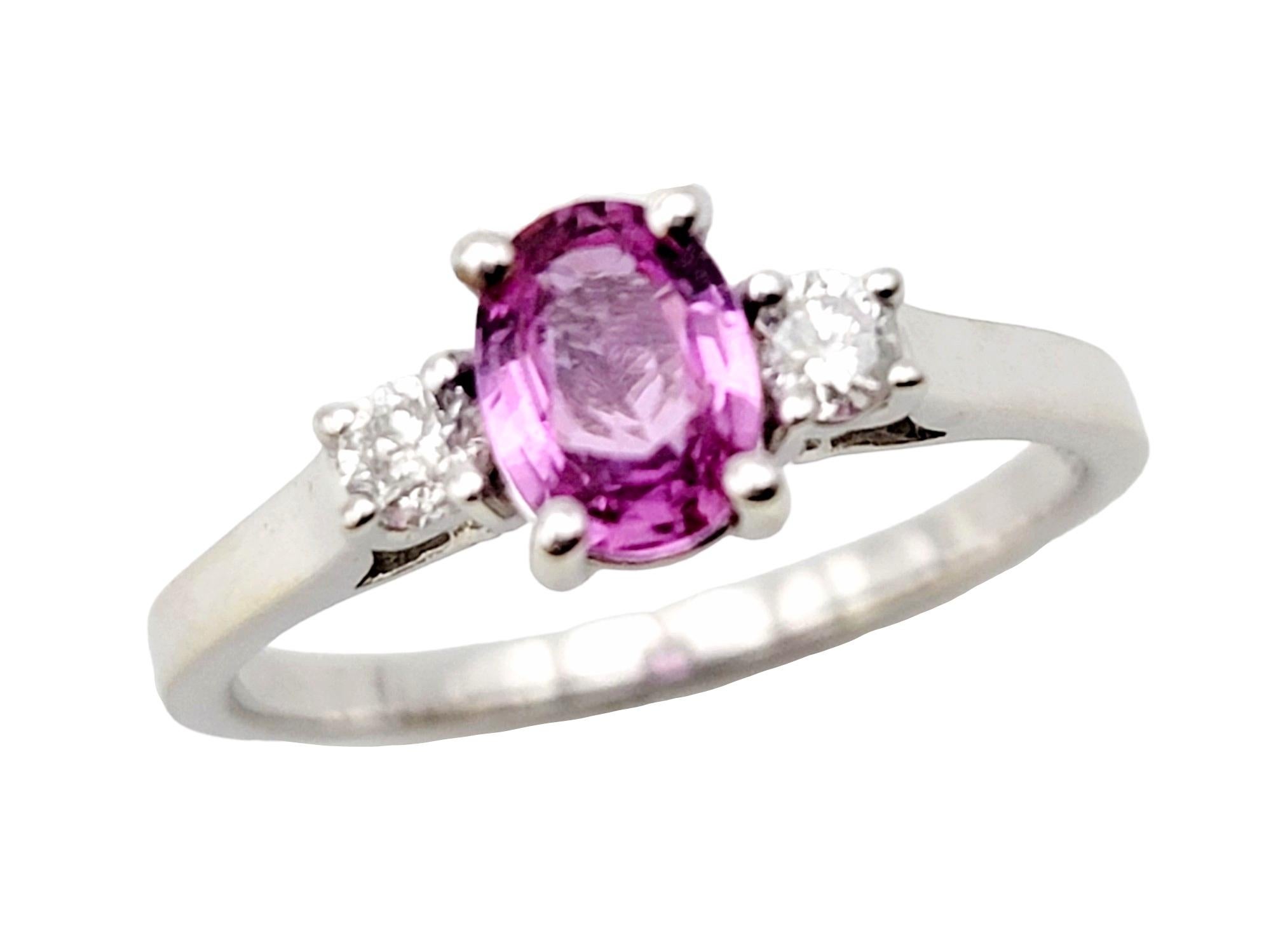 Women's EFFY Oval Pink Sapphire and Diamond Three Stone Ring in 14 Karat White Gold For Sale