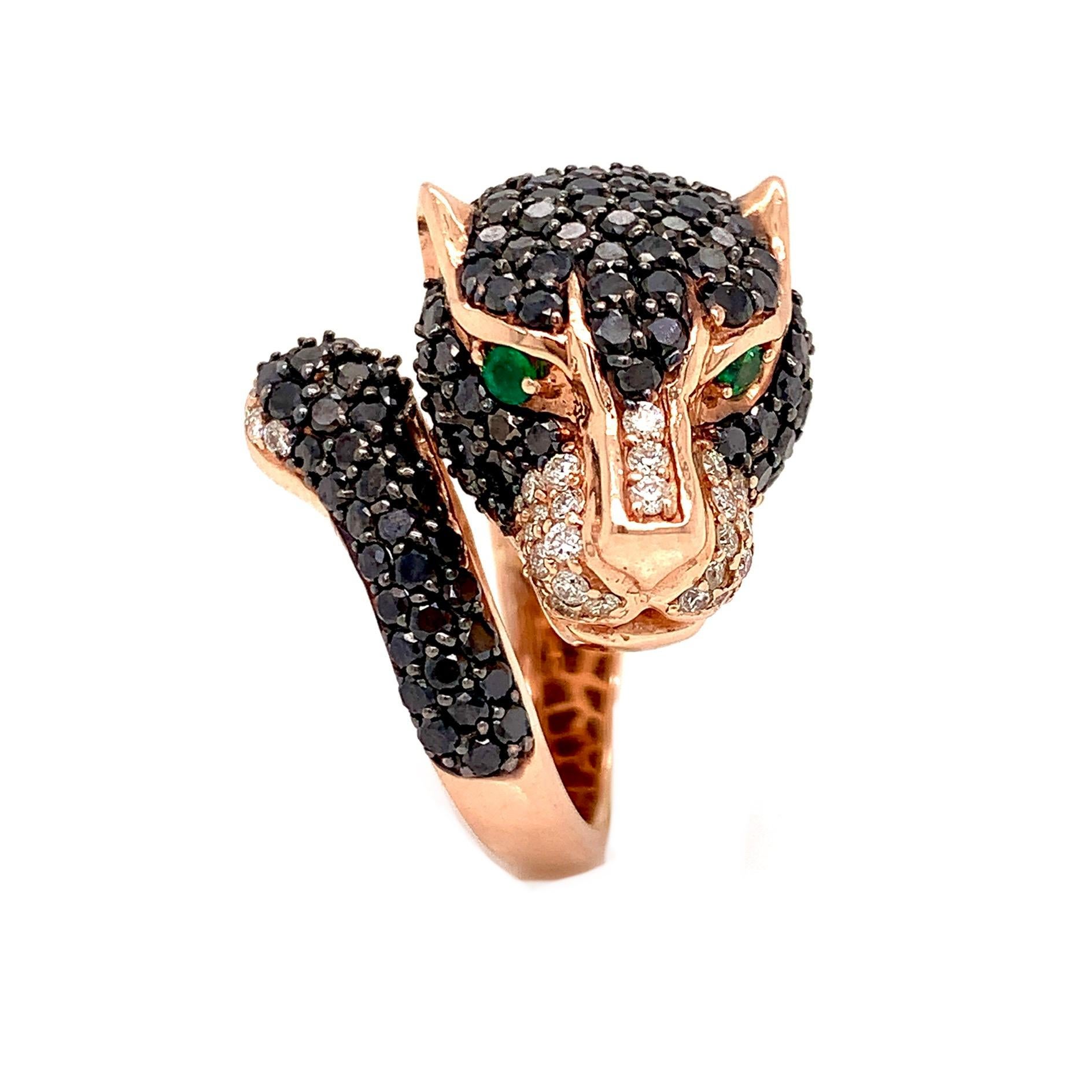 Take a walk on the wild side with this fabulous designer Effy ring!  With 3.70 cttw in black and white diamonds on the panthers head and .08 cttw emerald for the panthers eye, this bold 14 K rose gold ring will be your go to statement ring

This is