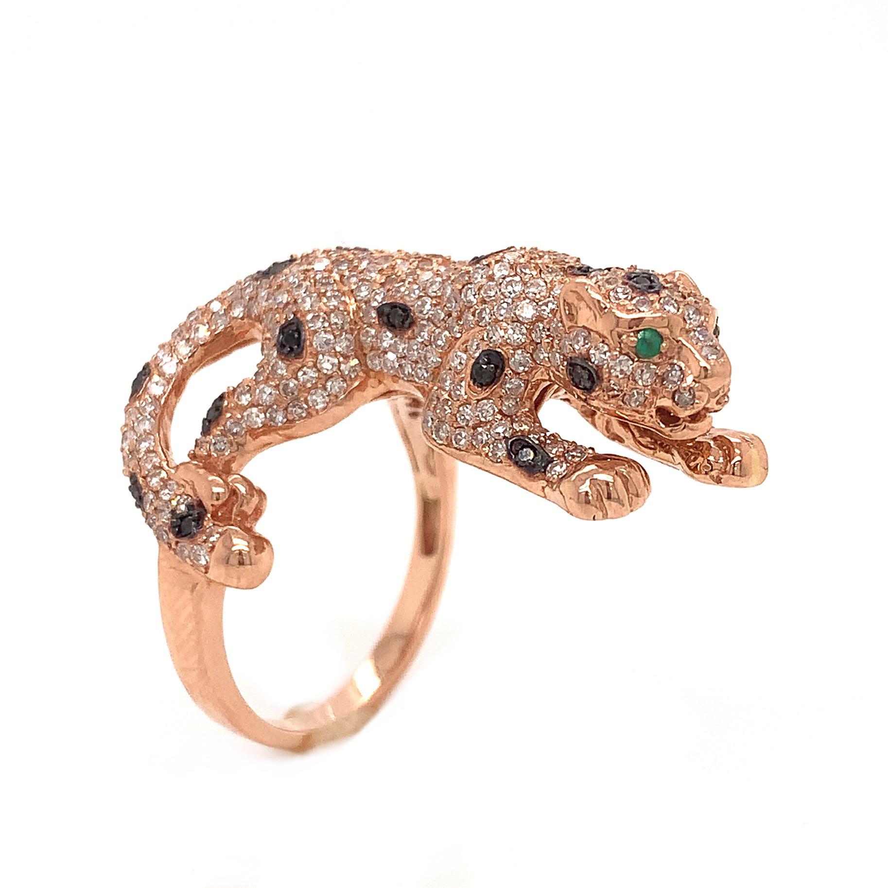 Women's Effy Panther White and Black Diamond with Emerald Fashion Ring