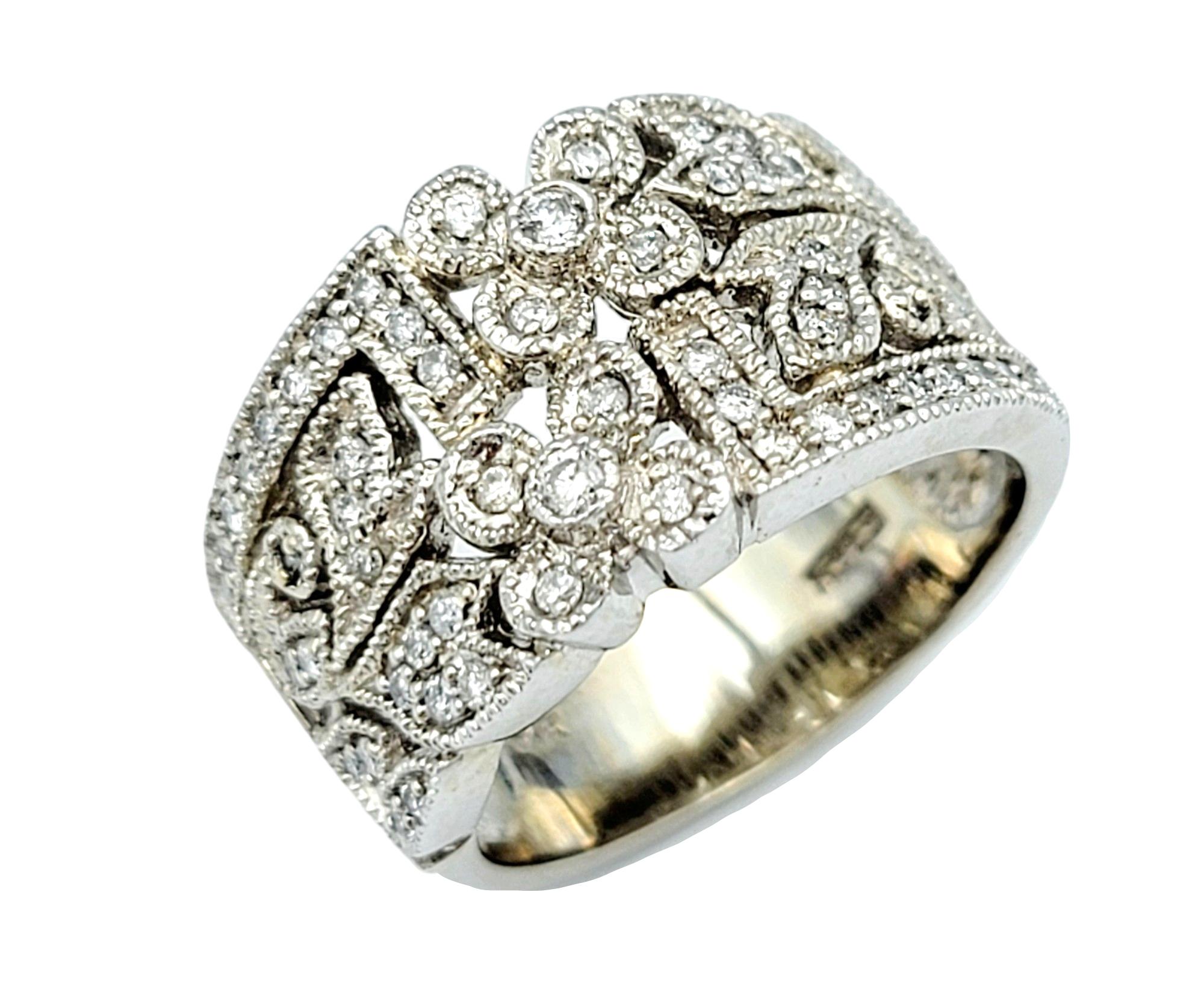 Round Cut Effy Pave Diamond Flower and Leaf Design Wide Band Ring in 14 Karat White Gold For Sale