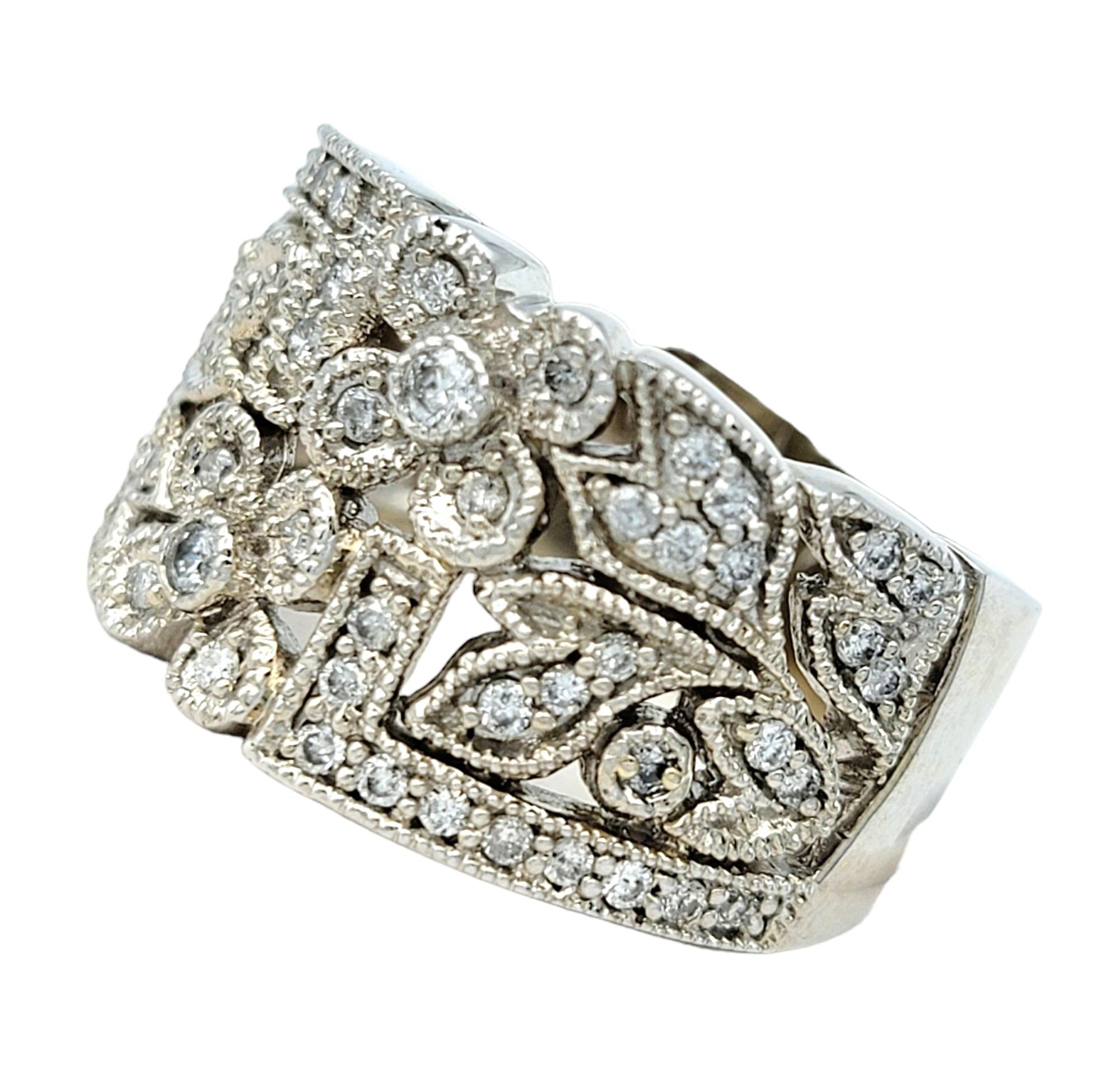 Effy Pave Diamond Flower and Leaf Design Wide Band Ring in 14 Karat White Gold In Good Condition For Sale In Scottsdale, AZ