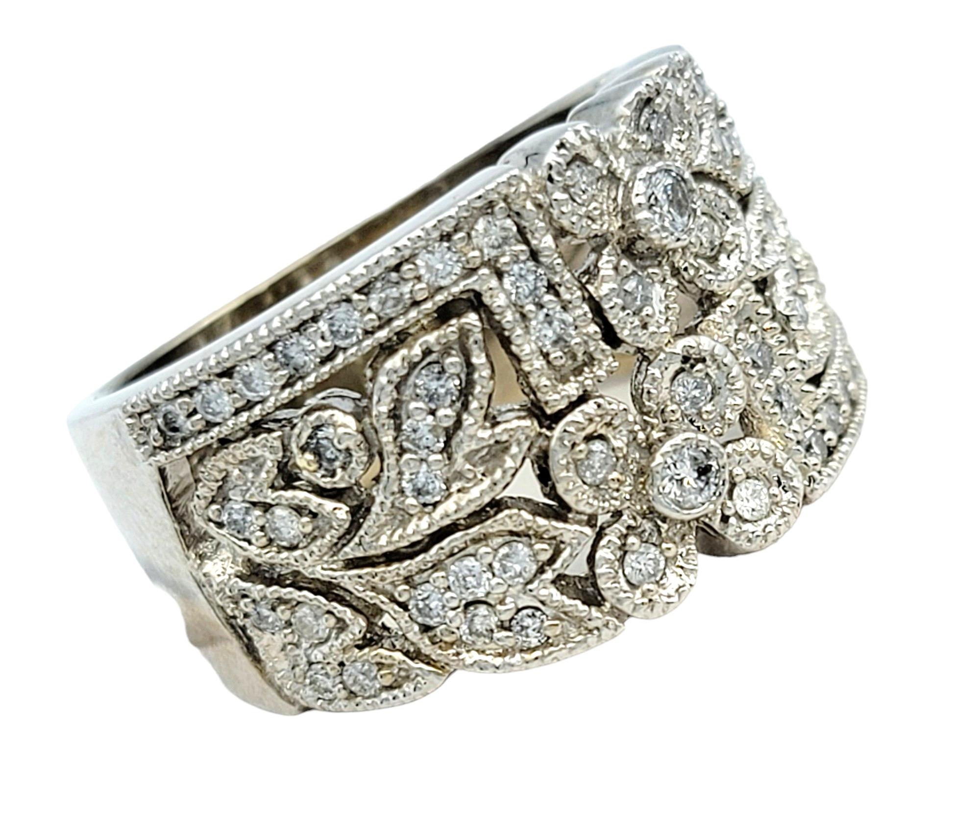 Women's Effy Pave Diamond Flower and Leaf Design Wide Band Ring in 14 Karat White Gold For Sale