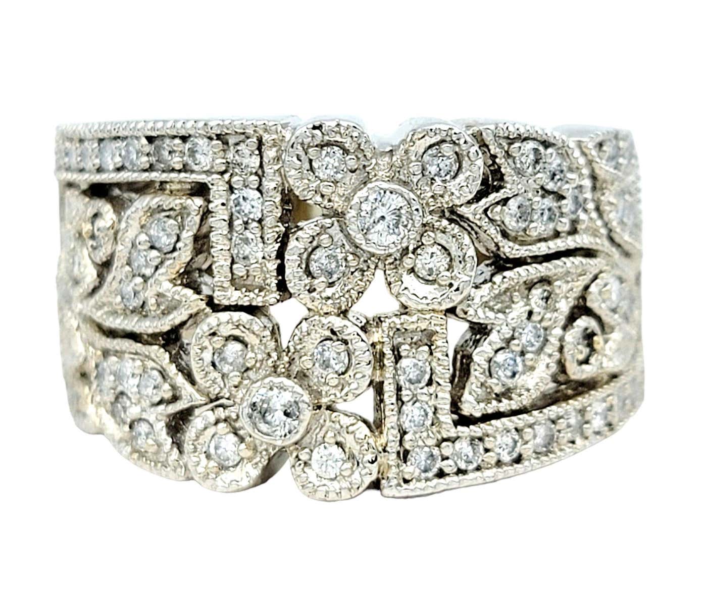 Effy Pave Diamond Flower and Leaf Design Wide Band Ring in 14 Karat ...