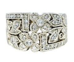 Used Effy Pave Diamond Flower and Leaf Design Wide Band Ring in 14 Karat White Gold