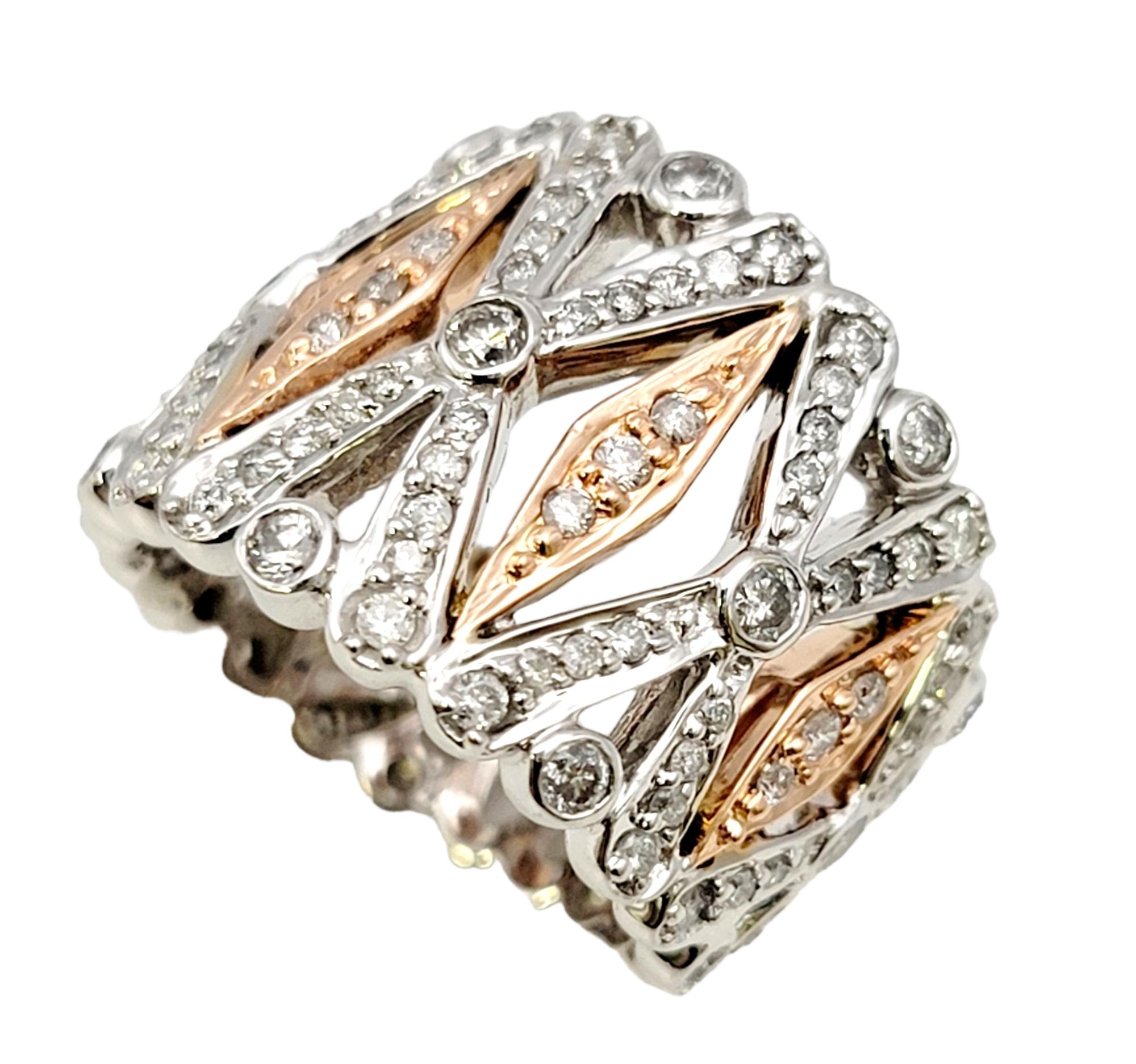Ring size: 5

Wrap your finger in modern elegance with this stunning two-tone designer diamond band ring by EFFY. The graduated diamond embellished band features both rose and white golds with a vertical 'X' design throughout. In between the